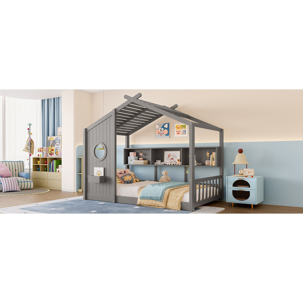 variant-group:rf-n733p335064e|Roomfitters Twin Size Floor House Bed with Storage Shelf and Roof Design, Montessori Playhouse Bed, Gray