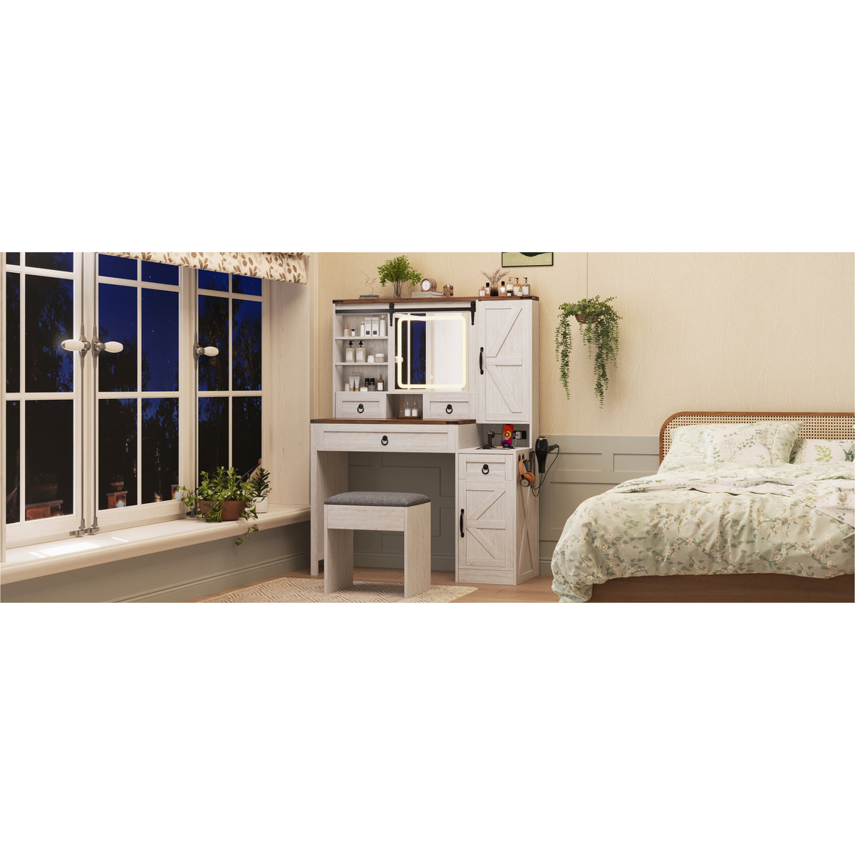 variant-group:rf-n733p340562k|Roomfitters Farmhouse Vanity Desk with Sliding Mirror & Lights, Glass Top, Charging Station, 4 Drawers, 2 Cabinets, Stool, White