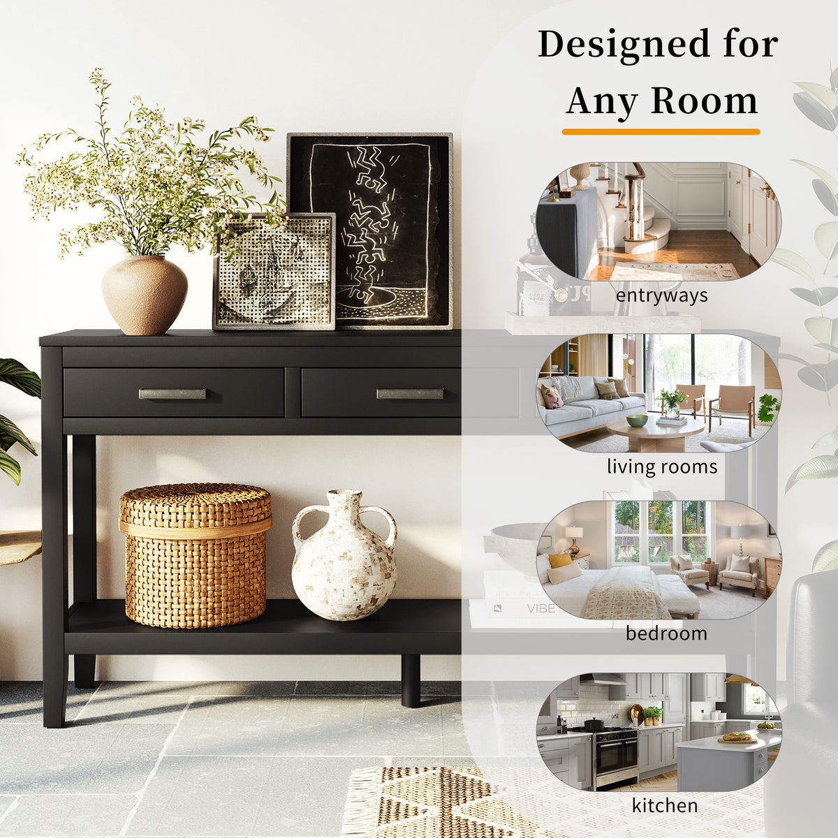 variant-group:rf-n711p410445b|Roomfitters 59.1" Farmhouse Entryway Table with 3 Drawers, Slim Console Sofa Table with Open Shelf for Hallway, Black
