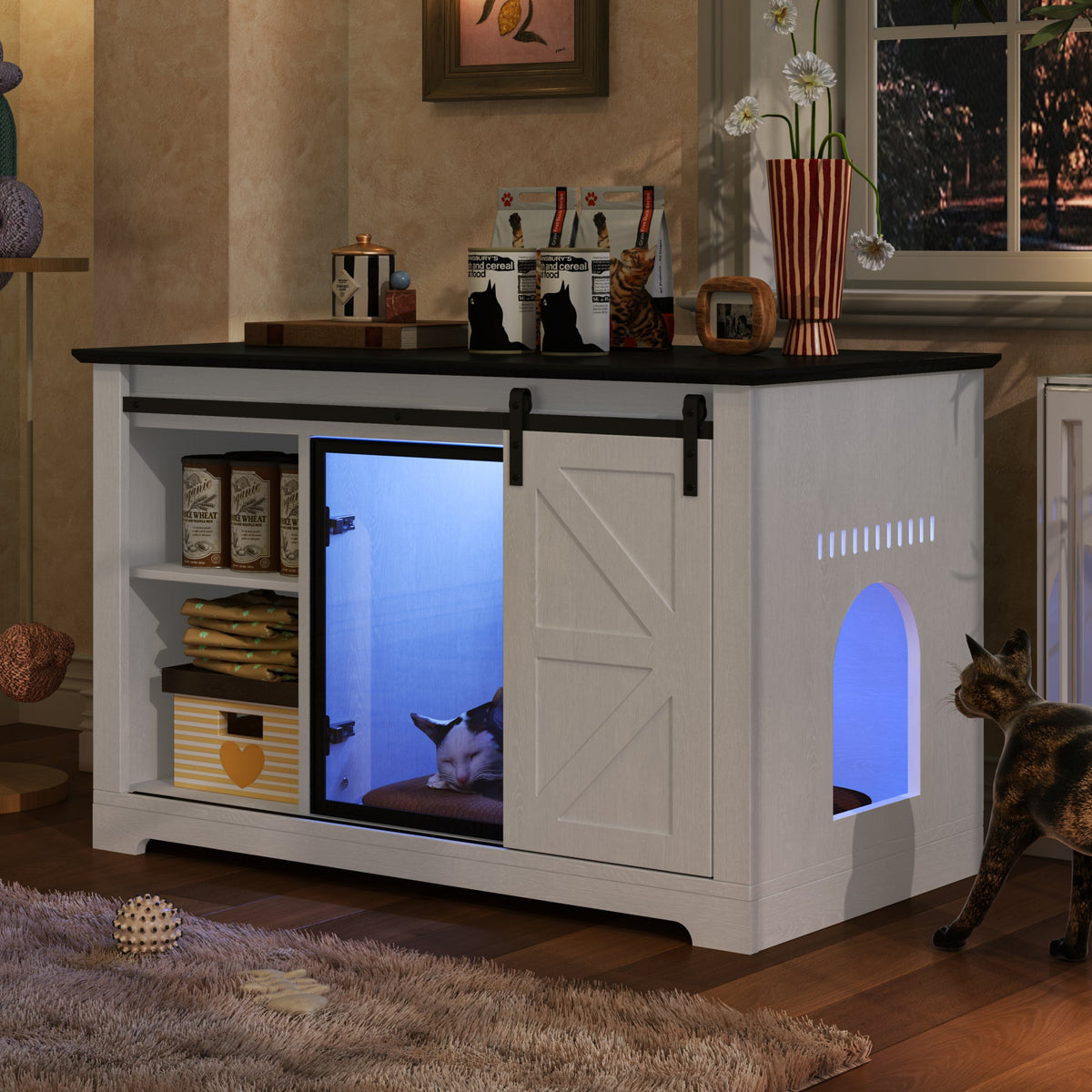 Roomfitters 46-Inch Farmhouse Cat Litter Box Enclosure Hidden Cabinet Nightstand with Sliding Barn Door White Roomfitters