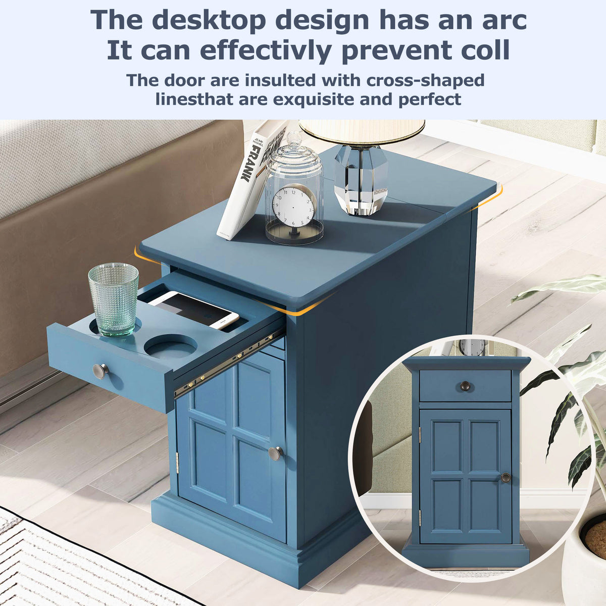 variant-group:rf-n724p185778m|Roomfitters Vintage End Table with USB Ports, Cup Holders and Multifunctional Storage for Living Room, Navy Blue