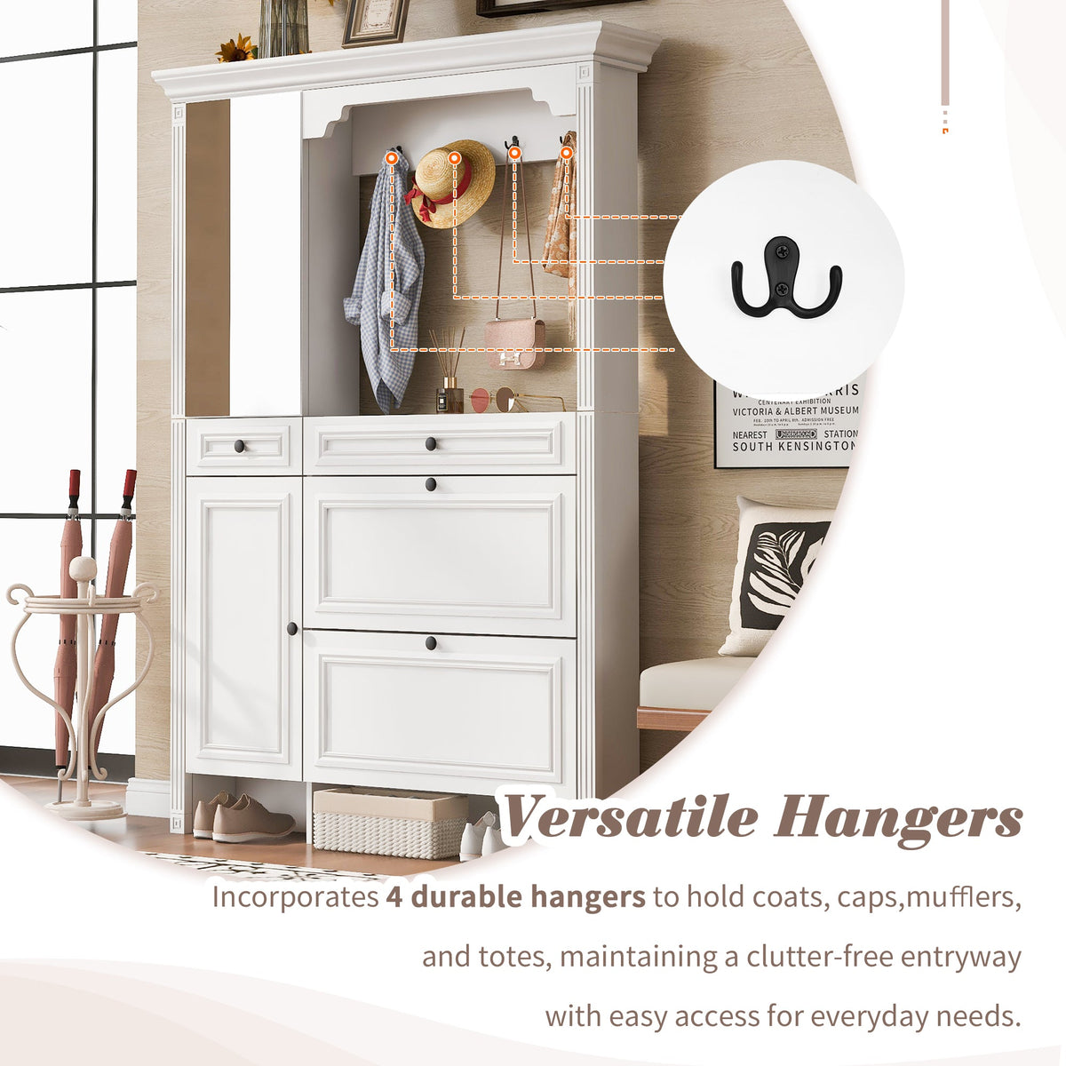 Roomfitters Hall Tree with Shoe Cabinet and Mirrored Door, 4 Hooks and Bench Storage Organizer, White Roomfitters