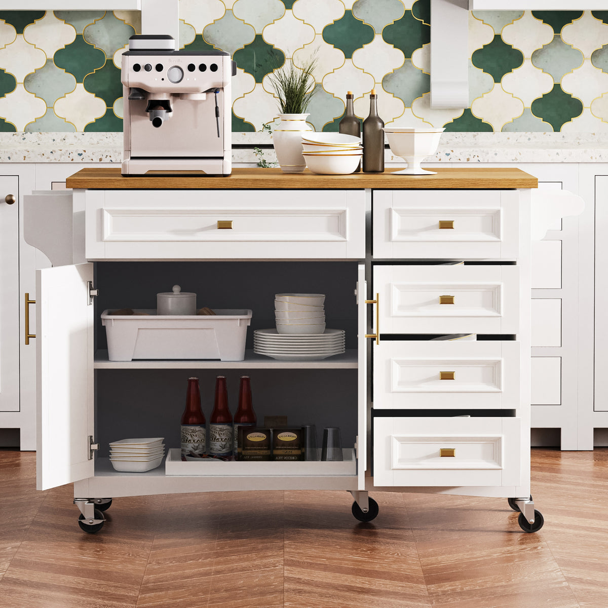 variant-group:rf-n707p195393w|Roomfitters 52" Kitchen Island with Drop Leaf, Rolling Kitchen Cart with Storage Cabinet, Spice Rack, Towel Rack, Adjustable Shelf, White