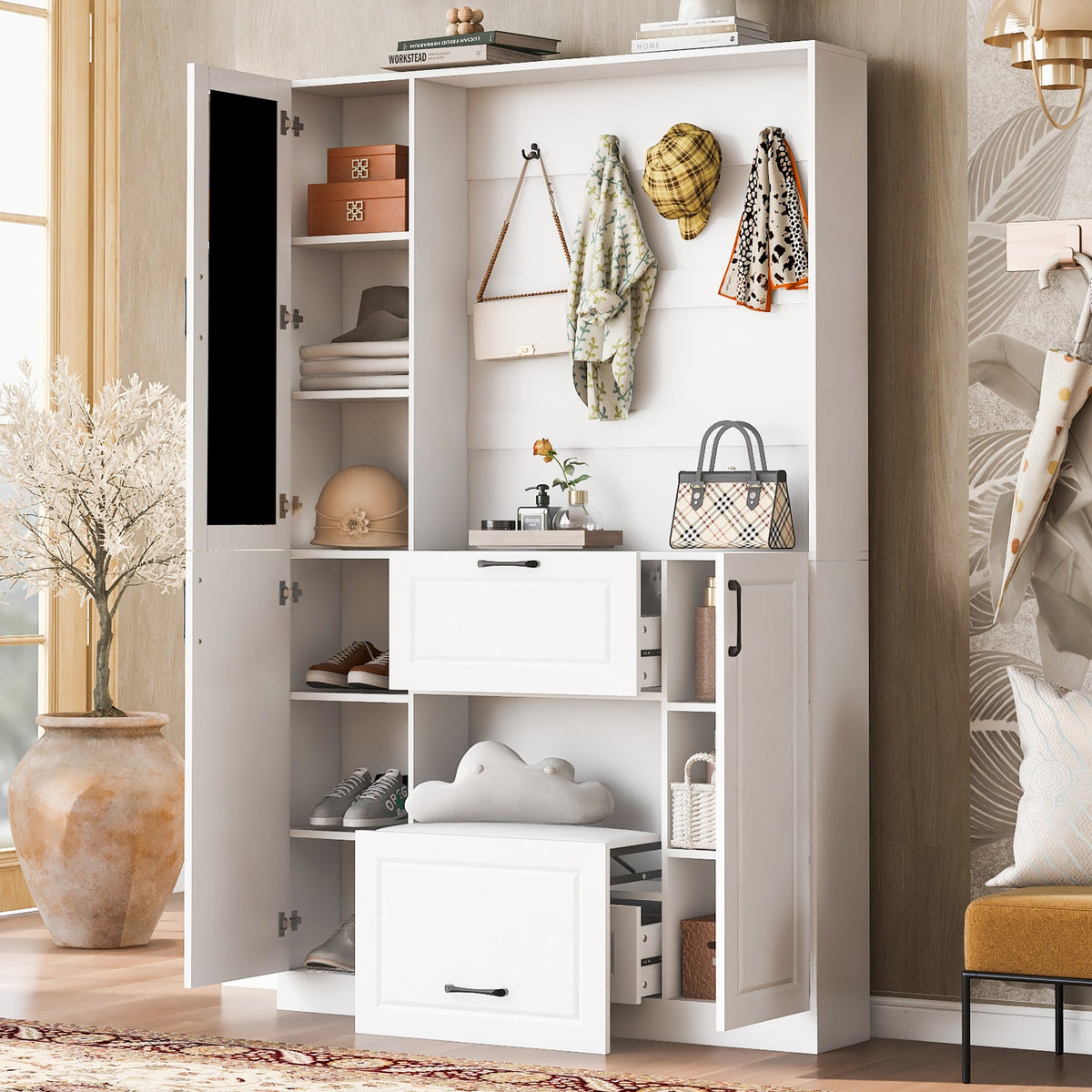 Roomfitters Entryway Bench with Shoe Cabinet and Mirror Door, Foldable Seat and 4 Hooks, White Roomfitters