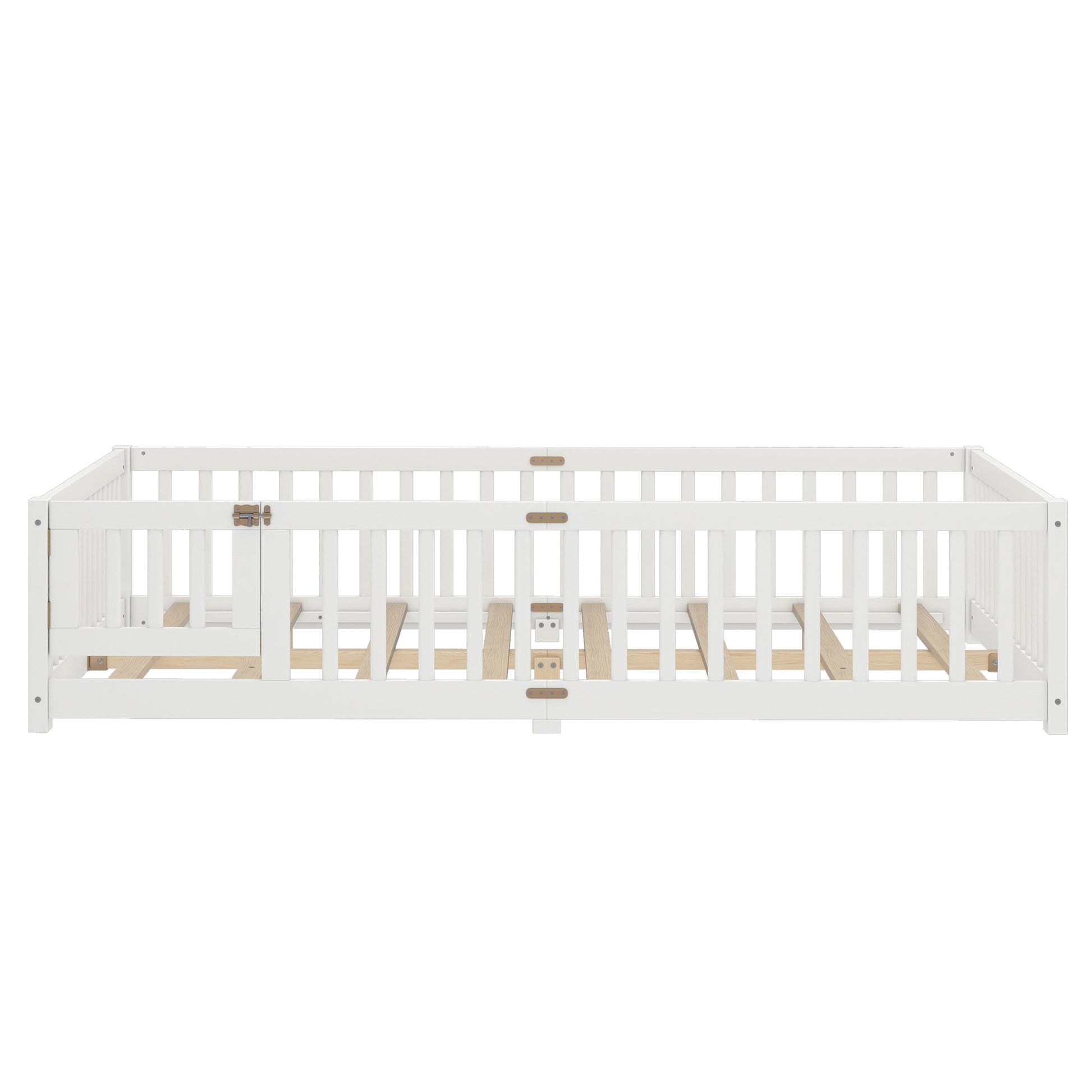 variant-group:rf-w1580p338953|Roomfitters Wooden Queen Floor Bed Frame with Door & Safety Guardrails, Low Platform Design for Bedroom or Playroom, White