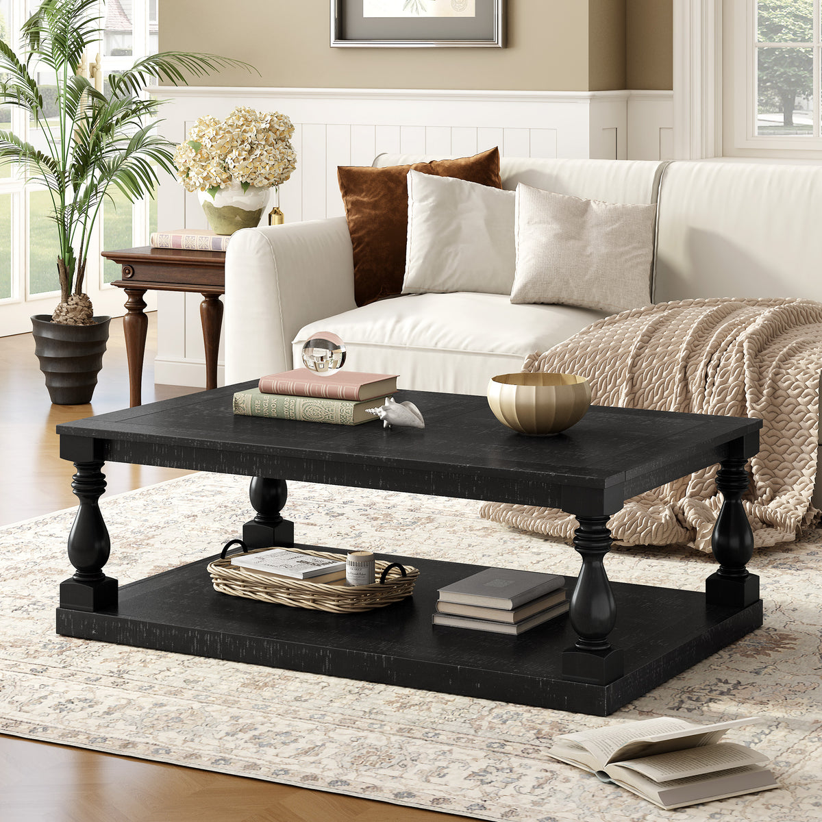 variant-group:rf-n711p407149b|Roomfitters Vintage Black Pine Wood Coffee Table, Sculpted Vase Column Leg Cocktail Table, Living Room Statement Stand