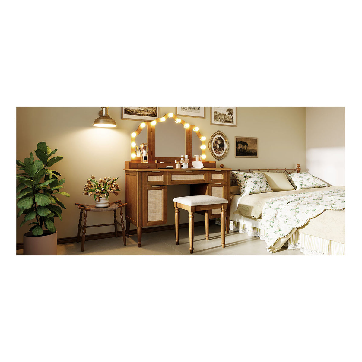 variant-group:rf-n704p342558p|Roomfitters 44-Inch Bohemian Makeup Vanity Desk with 13 Hollywood Bulbs Tri-Fold Mirror and Bamboo Drawers Espresso