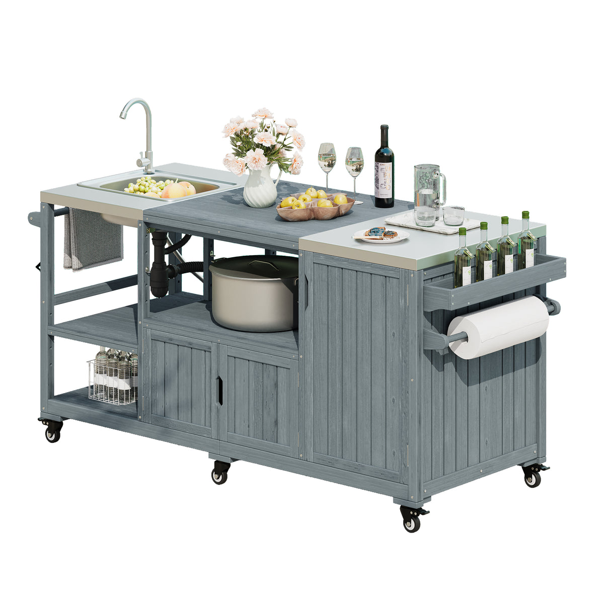 variant-group:rf-n707s000022g|Roomfitters 75.4" Outdoor Kitchen Island with Sink, Fir Wood Grill Cart for XL Green Egg & Tabletop Grills, Grey Blue