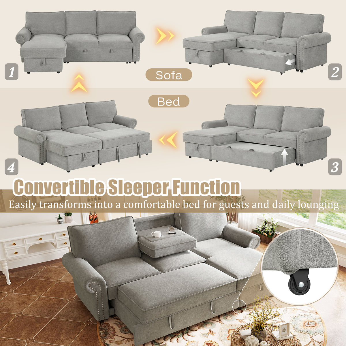 variant-group:rf-n711wy000466aae|Roomfitters 95" Convertible Sectional Sleeper Sofa L-Shaped Couch with Storage Chaise and Pull Out Bed for Living Room, Grey