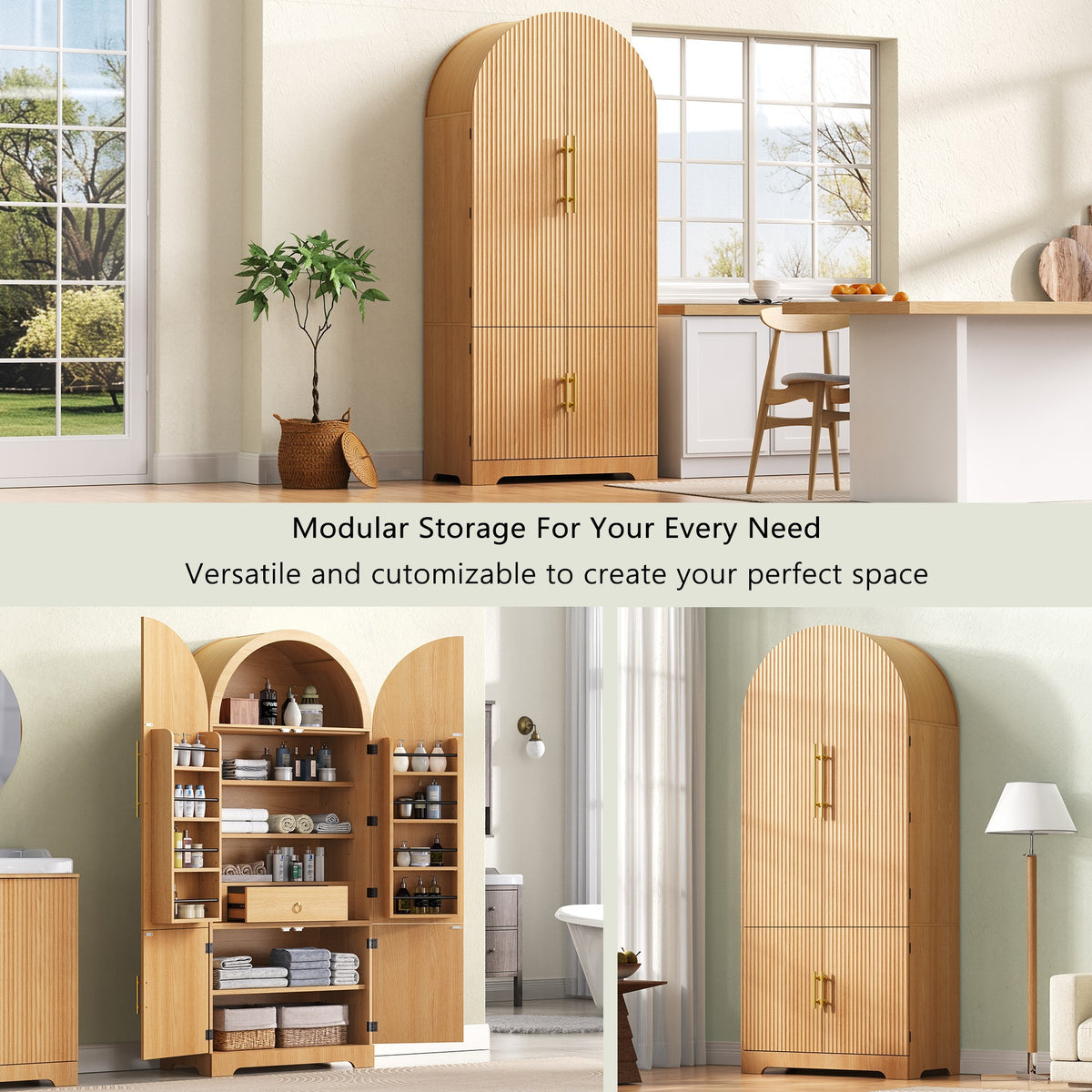 variant-group:rf-n707s000020y|Roomfitters 72" Tall Arched Kitchen Pantry Cabinet with Fluted Doors & Hidden Drawer, Natural