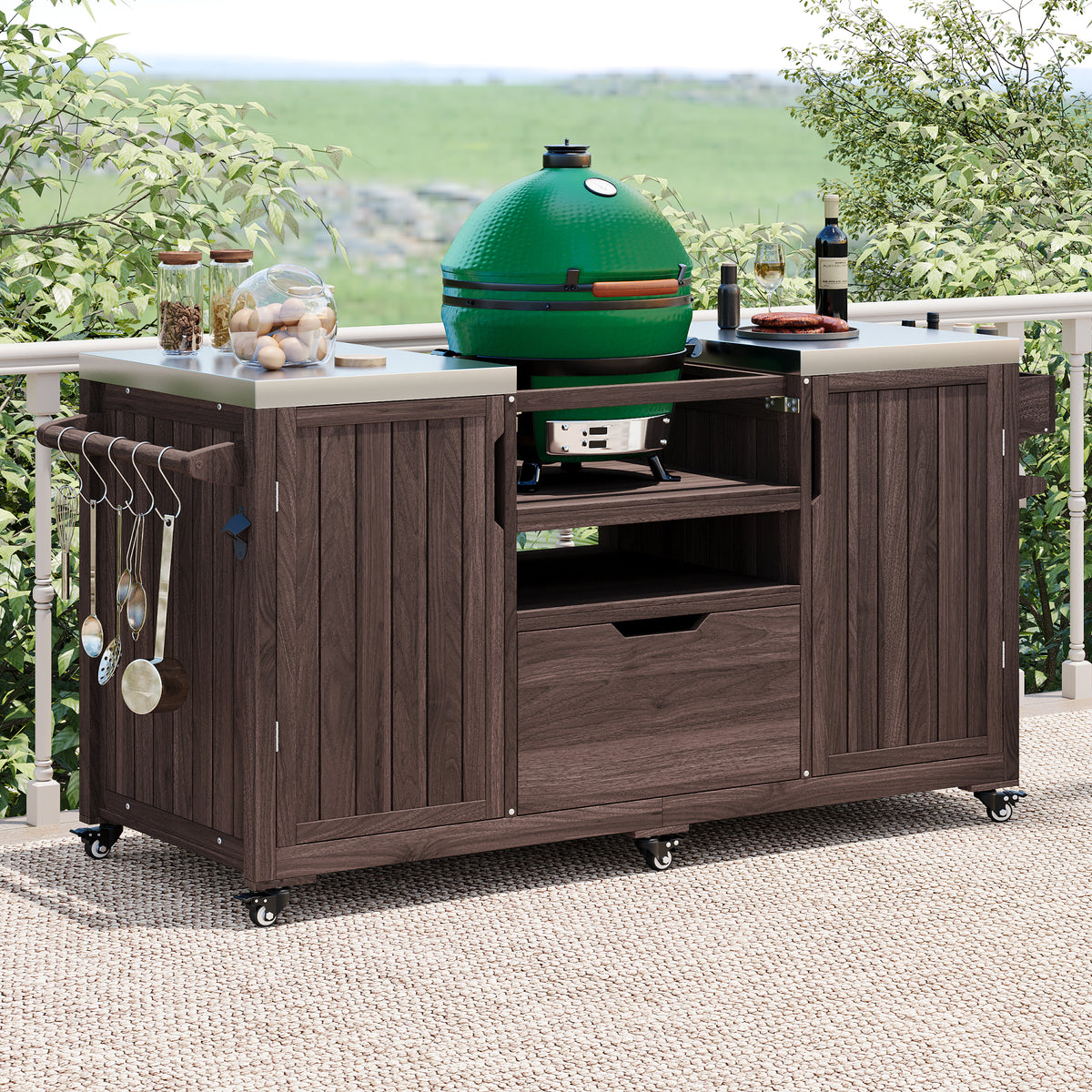 variant-group:rf-n707p250629z|Roomfitters 66.5" Outdoor Kitchen Island for Big Kamado Grills, Wood Grill Cart with Stainless Steel Top, Storage, Dark Brown