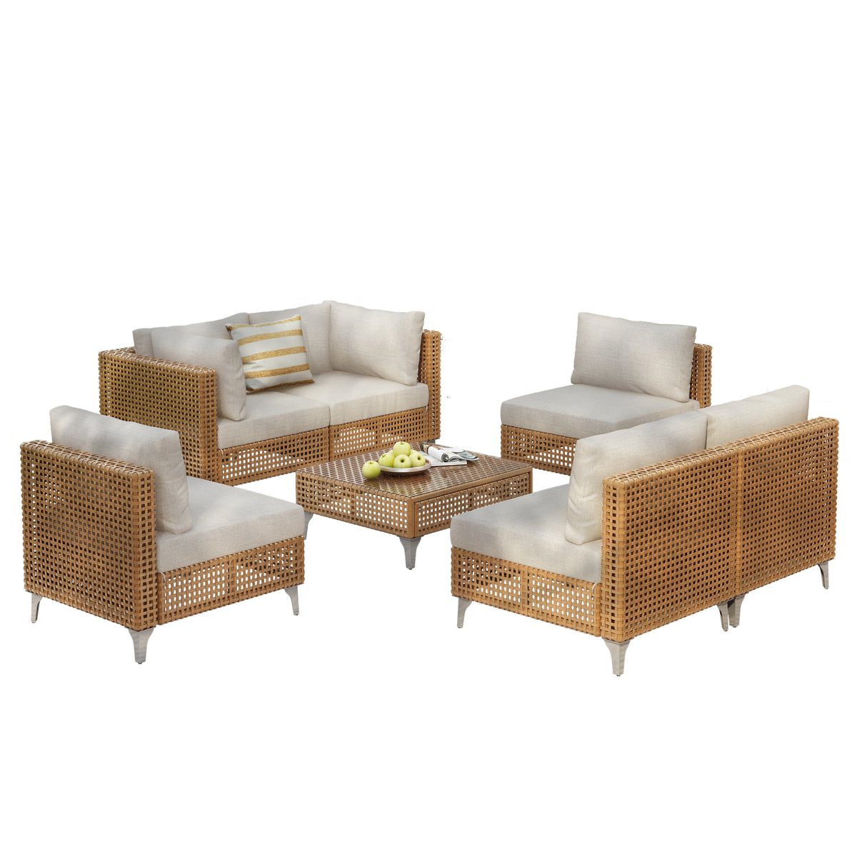 variant-group:rf-n707s000011z|Roomfitters 7-Piece Wicker Patio Furniture Set, Outdoor Sectional Sofa with Water-Resistant Cushions, Table, Natural