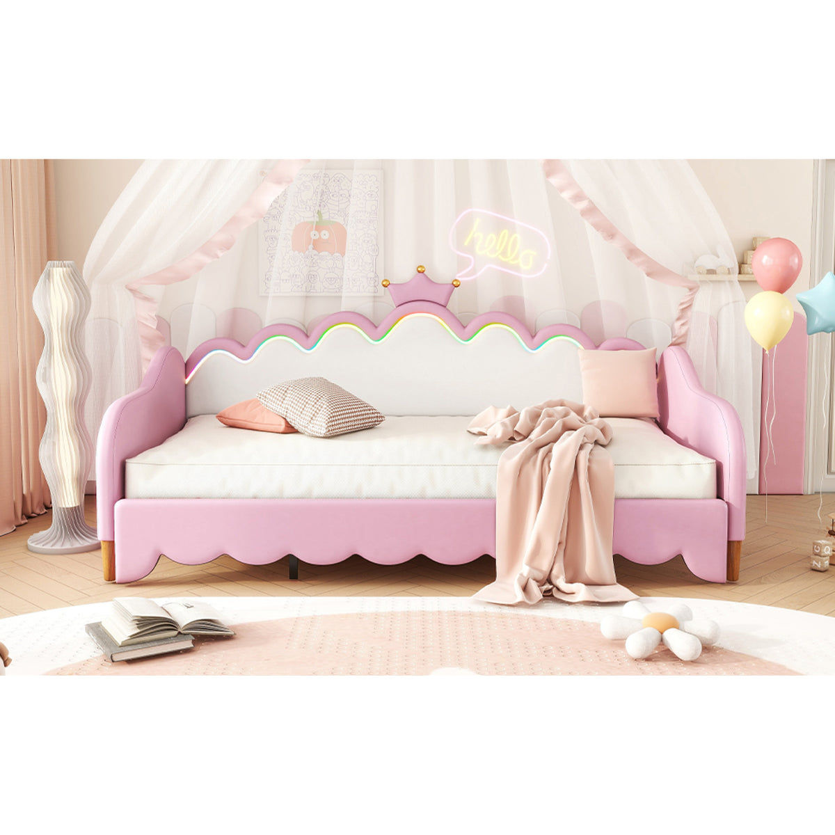 variant-group:rf-n733hl000104aah|Roomfitters Twin Extending Daybed with Lights, Modern Upholstered Princess Daybed Featuring Crown Headboard, Elegant and Practical Design, Pink