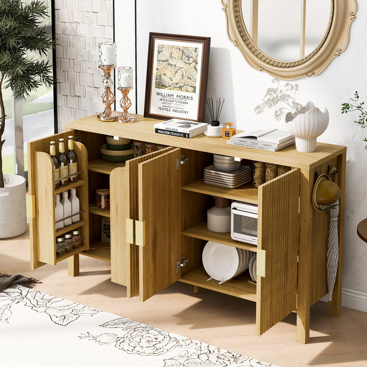 variant-group:rf-n711p345170o|Roomfitters 57.5" Sideboard Buffet Cabinet with 3 Door Mid-century Modern Fluted Storage for Kitchen & Dining Room, Natural