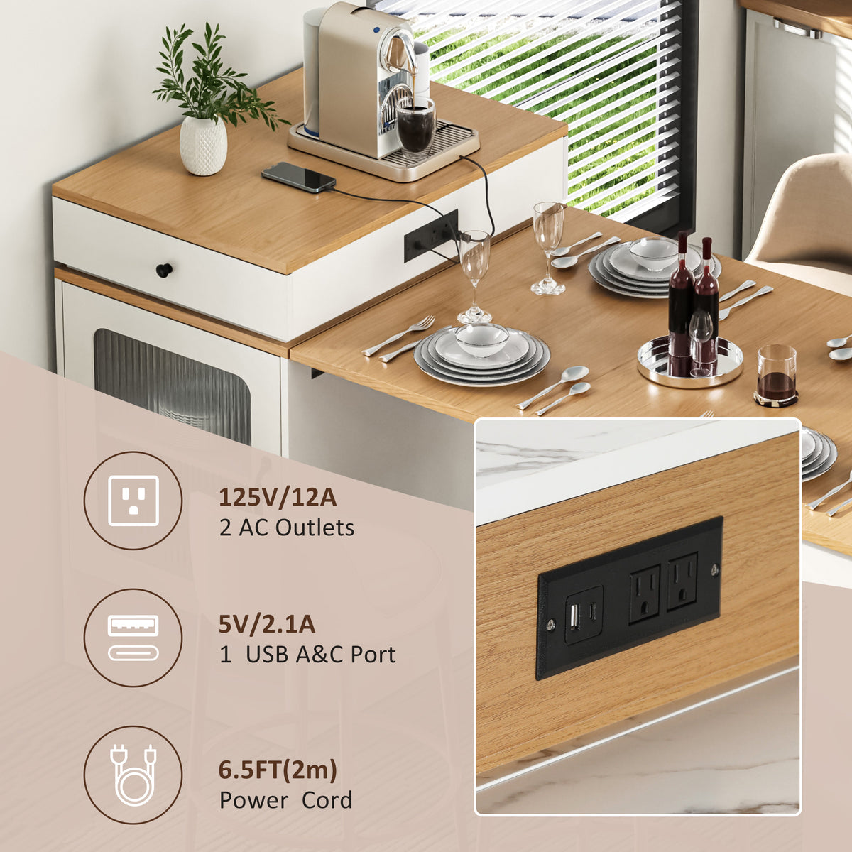 variant-group:rf-n707s000017w|Roomfitters 59.5" Kitchen Island with 41.8" Extendable Dining Table, Double-Sided Storage, Power Outlet, 2 Drawers, White