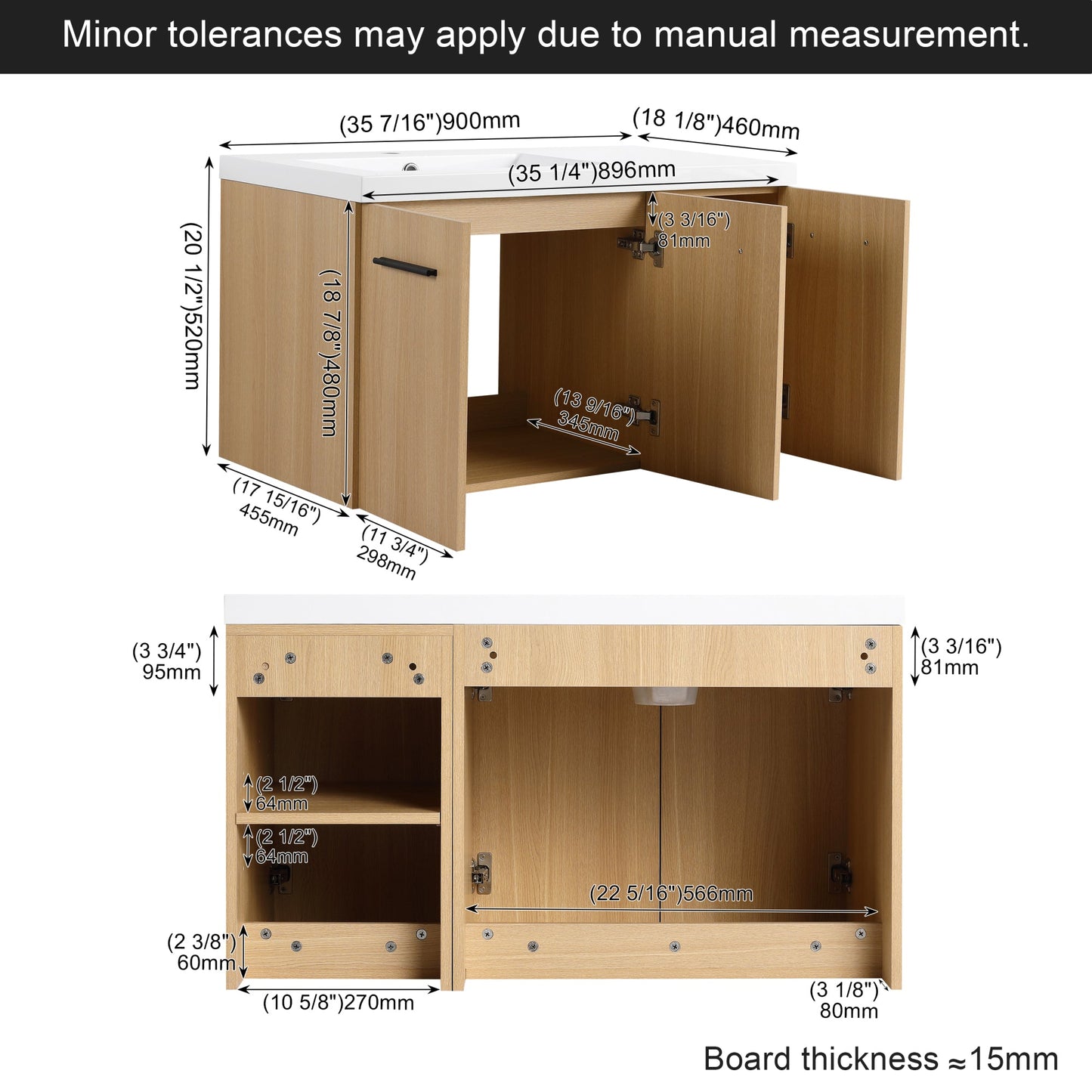 36" Wall-Mounted Floating Bathroom Vanity with Sink, Light Oak, 3-Door Modular Cabinet (2-Door + 1-Door), Gel Coat Integrated Sink Top, 3 Boxes, Ready-to-Assemble Roomfitters