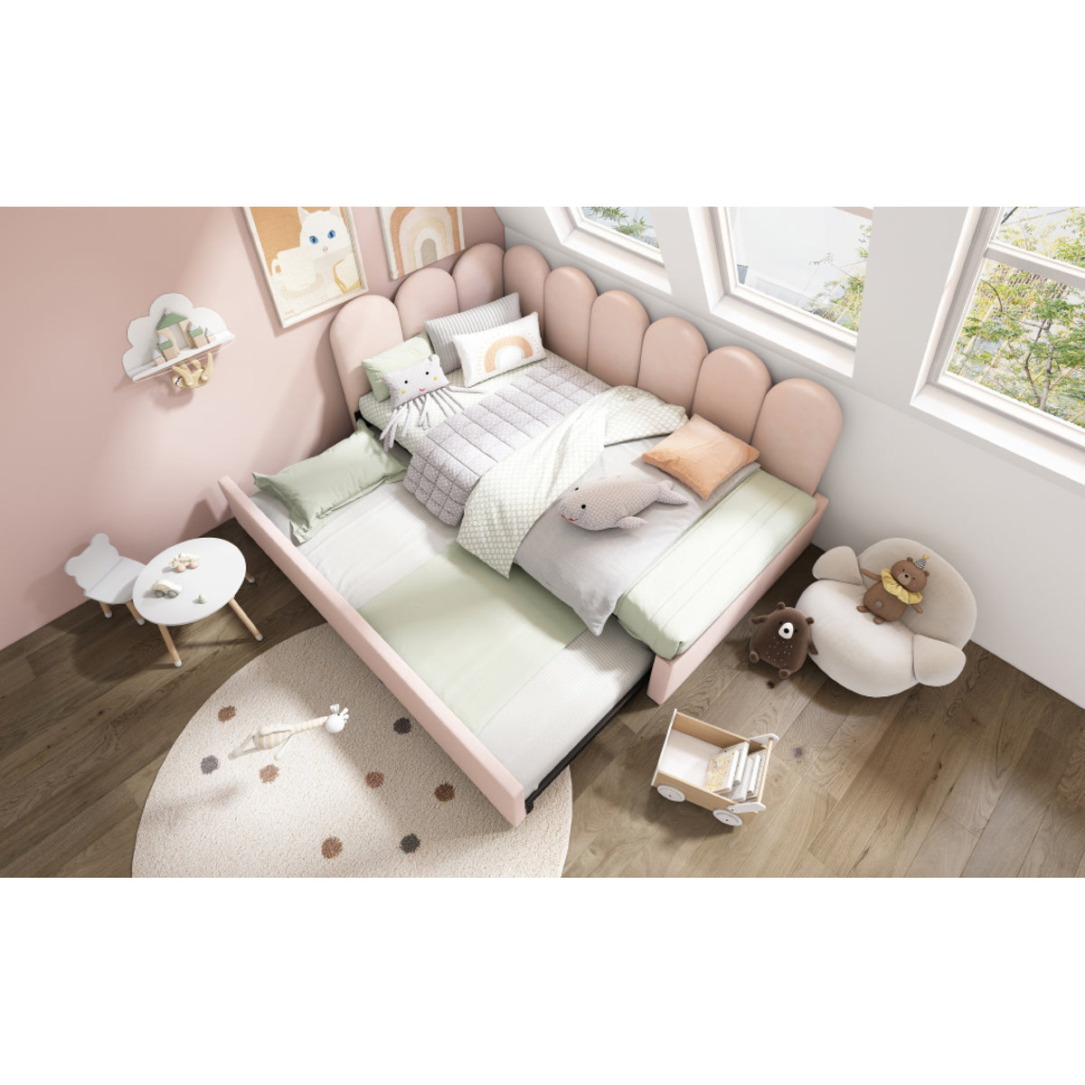 variant-group:rf-n736aa20362122p|Roomfitters Velvet Upholstered Twin Daybed with Pull Out Trundle, Sofa Bed with Metal Slat Frame, Pink