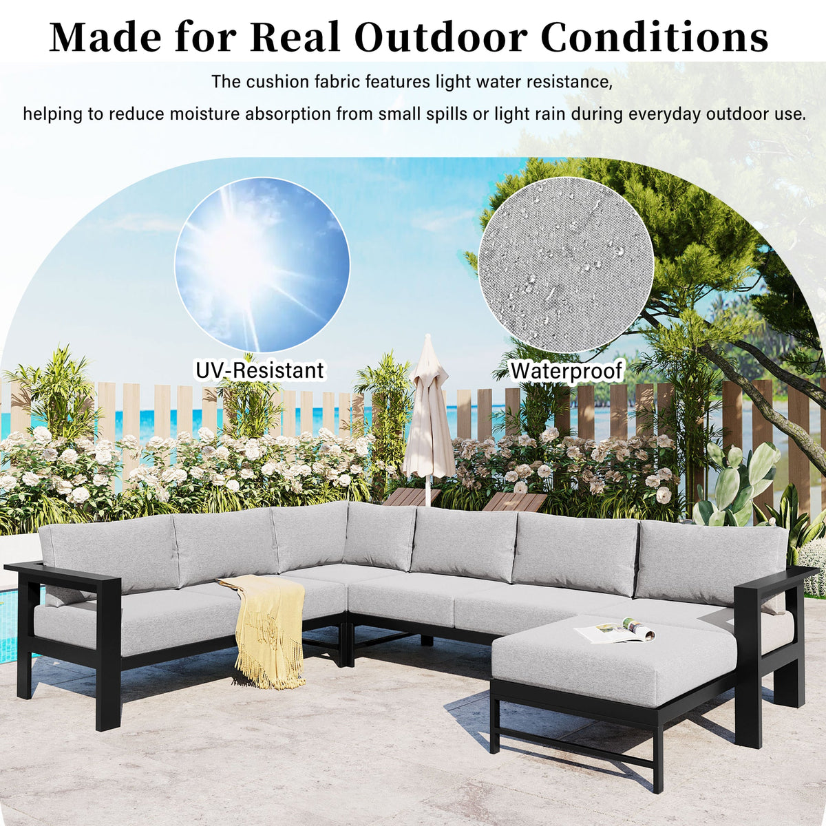 Roomfitters Modern U-Shaped Outdoor Sectional Sofa Set, 5-6 Seat Patio Conversation, Grey Cushions, Iron Frame Pit Roomfitters