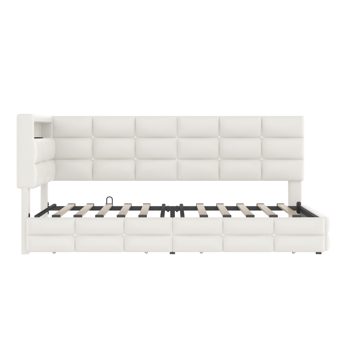 variant-group:rf-n733p285121a|Roomfitters Upholstered Twin Size Daybed with Storage Drawers and Charging Station, Bed Frame with Storage Headboard, No Box Spring Needed, Beige