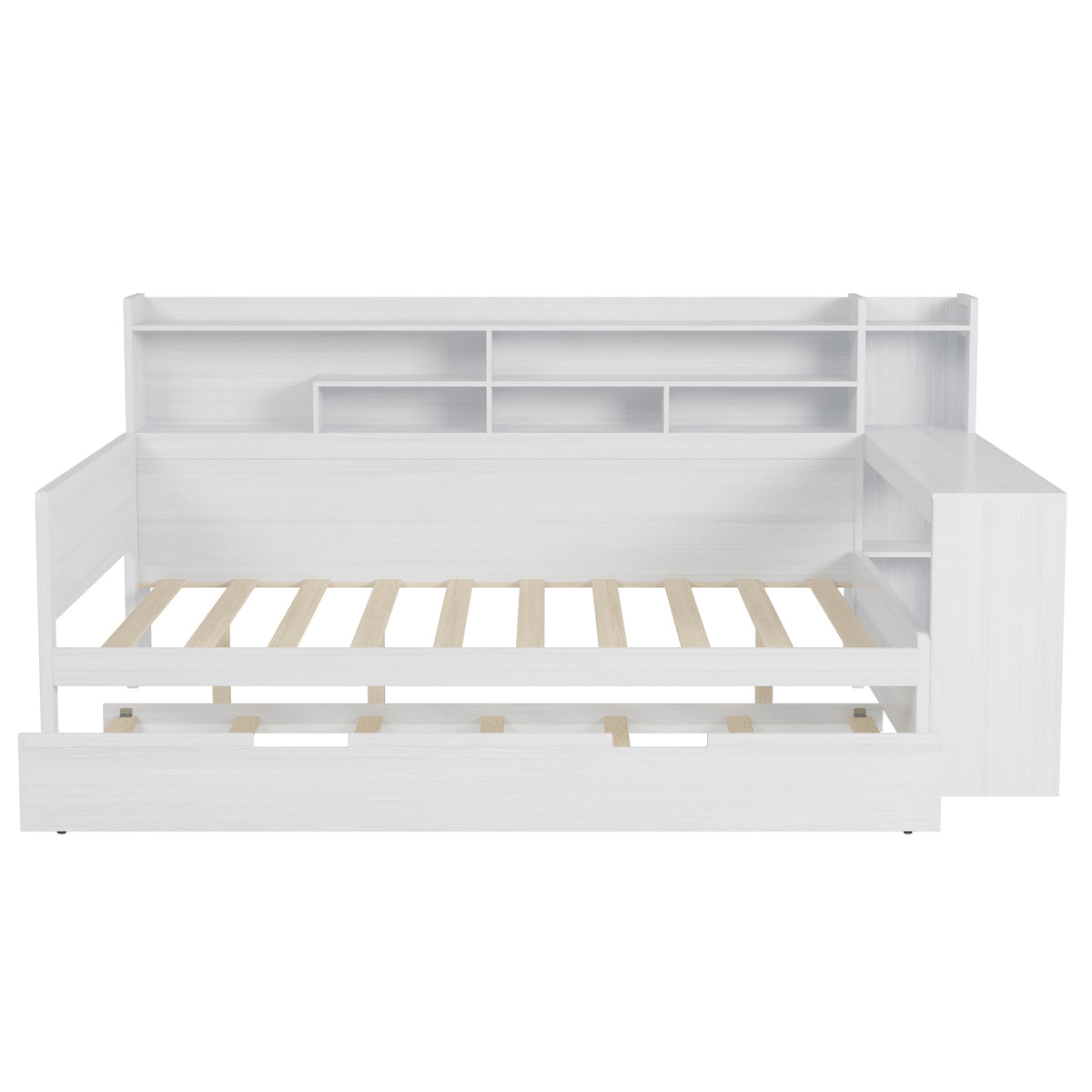 Roomfitters Wooden Full Size Daybed with Storage Shelves, Multi-functional Bed with Twin Size Trundle Bed and Study Desk, Antique White