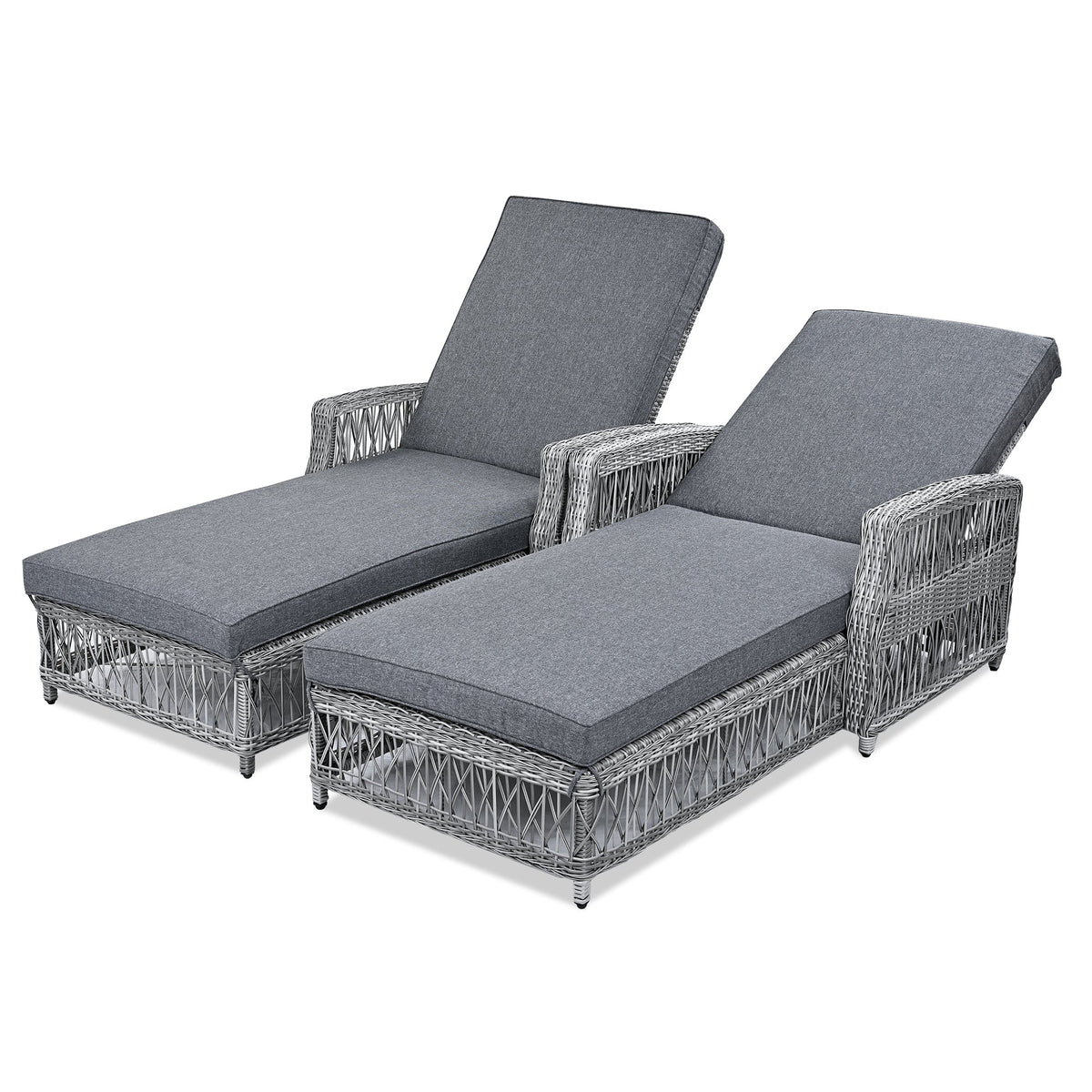 Roomfitters Outdoor Reclining Chaise, Adjustable Wicker Lounge Chair with Armrests & Cushions for poolside, Set of 2, Grey Roomfitters
