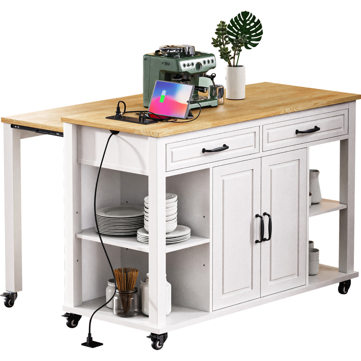 variant-group:rf-n707p215327w|Roomfitters 47" Kitchen Island with Extendable Dining Table, Storage Cabinet, Power Outlet, Rubber Wood Veneer, White