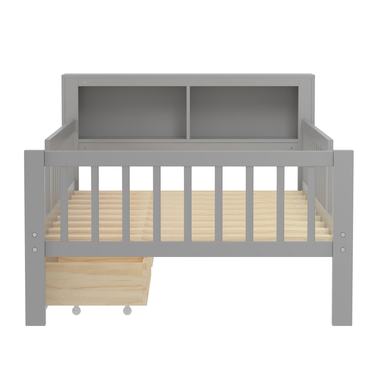 variant-group:rf-n733p272374e|Roomfitters Twin Bed with Headboard Storage Rack, Under-Bed Storage and Three-Side Guardrails, Gray