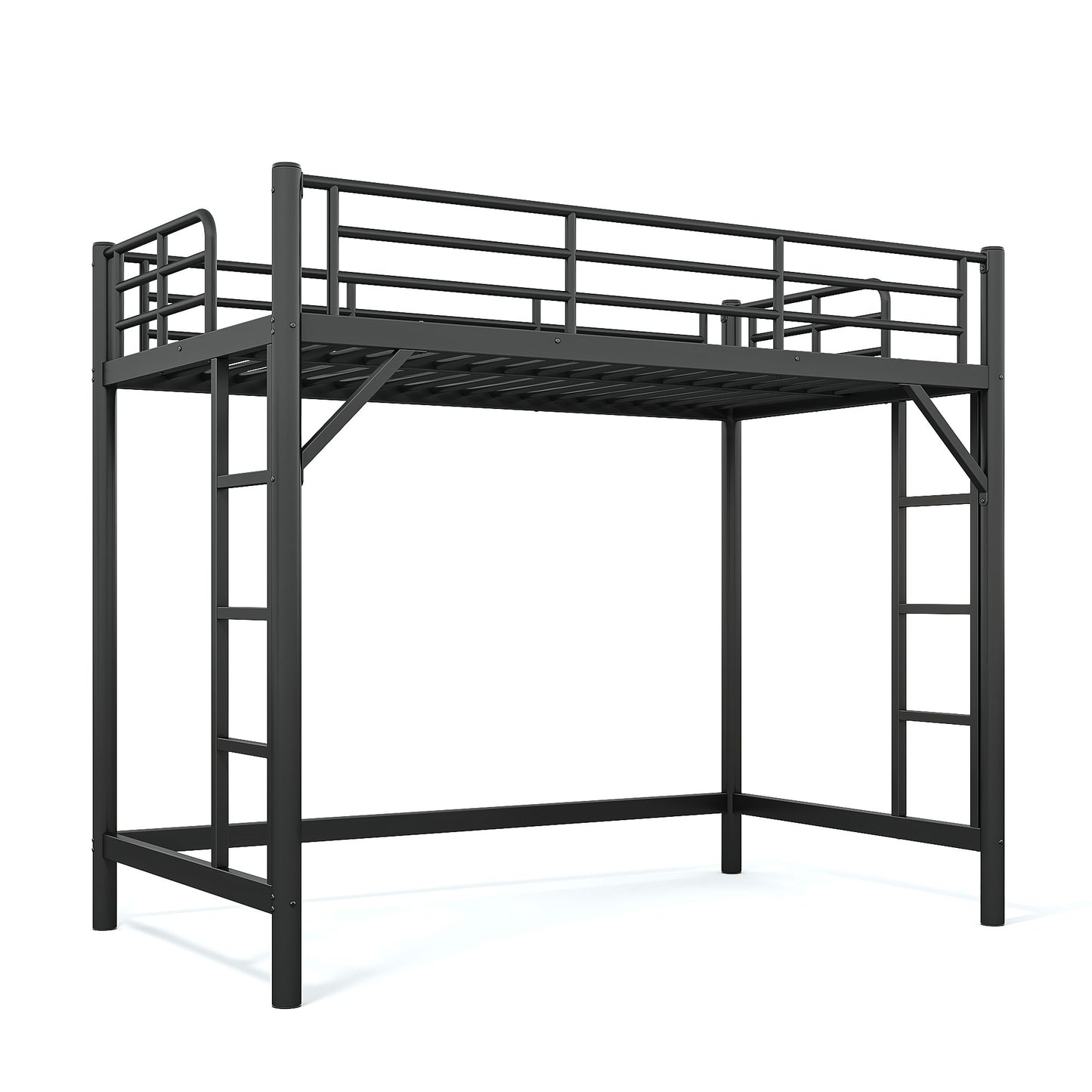 variant-group:rf-w1580p455013|Roomfitters Twin XL Size Metal Loft Bed Frame with Guardrails, Heavy Duty Space Saving High Loft Bed Dual Ladders, Black