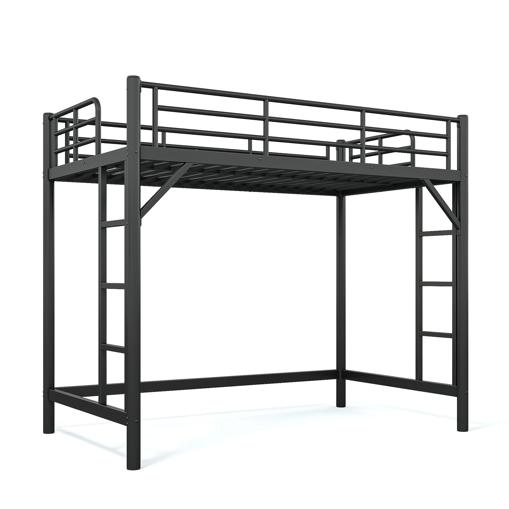 variant-group:rf-w1580p455013|Roomfitters Twin XL Size Metal Loft Bed Frame with Guardrails, Heavy Duty Space Saving High Loft Bed Dual Ladders, Black