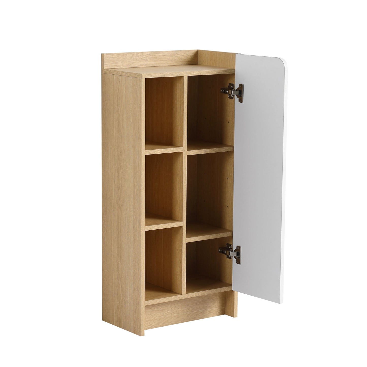 16" Medium Light Oak Freestanding Bathroom Side Cabinet, Narrow Storage Cabinet with Single Door & 3-Tier Open Shelves, KD (Ready-to-Assemble), Dual-Color Door Panels (White & Black), Plywood Construc Roomfitters