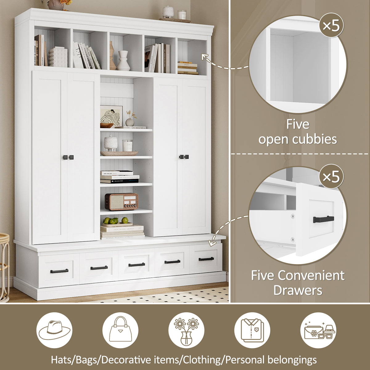 variant-group:rf-n724sj000139aak|Roomfitters 78.7" Hall Tree with Bench, 5 Cubbies, 4 Doors, 5 Drawers, Adjustable Shelves, White