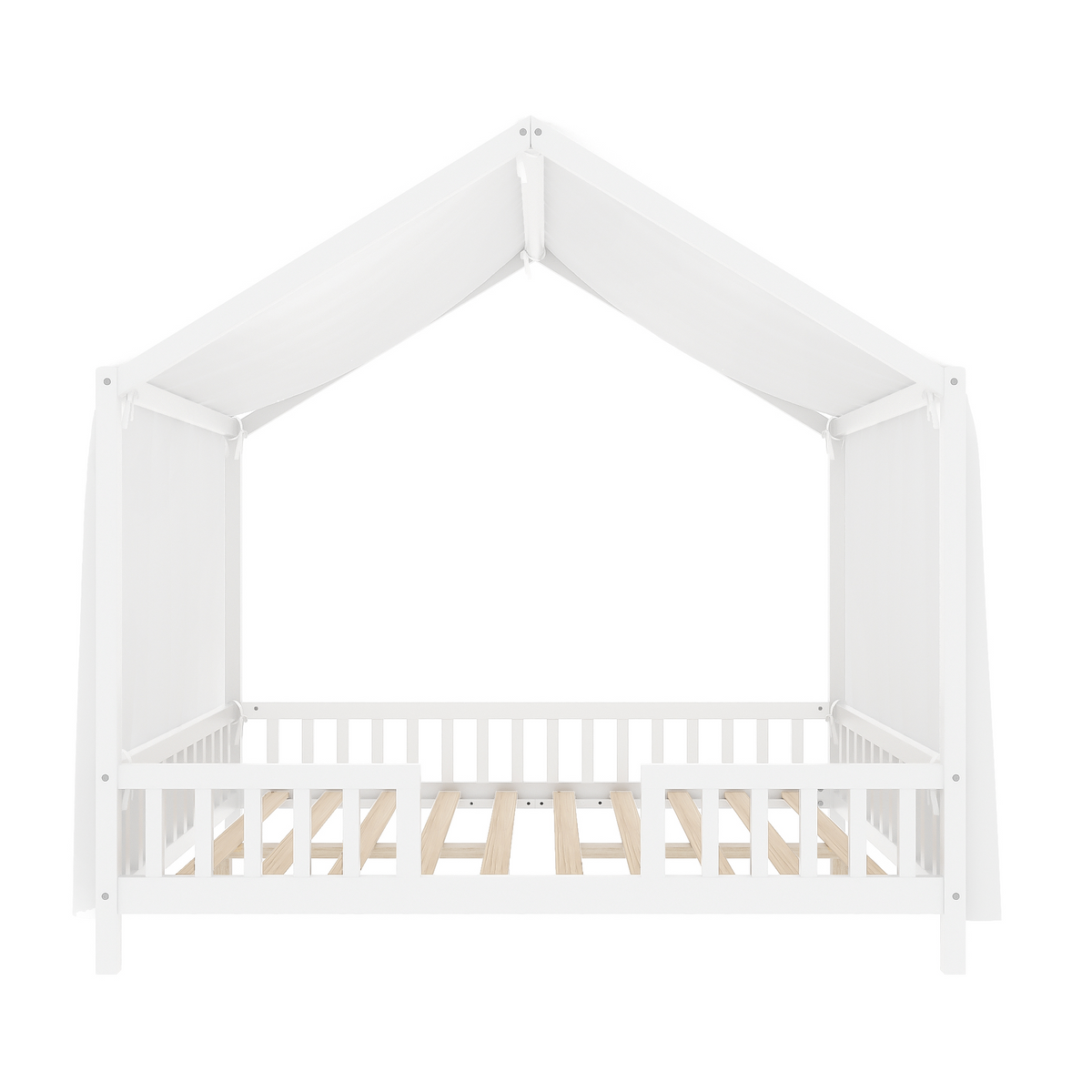 variant-group:rf-n733p356048k|Roomfitters Full Montessori Floor Bed with Canopy, House Shape Wood Frame with Safety Rails, Platform Bed, White