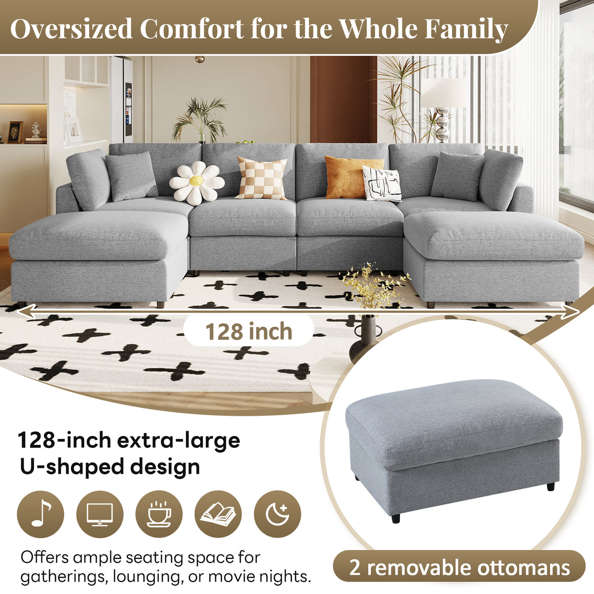 variant-group:rf-n711wy000474aae|Roomfitters 128.2-Inch Customizable U-Shaped Sectional Sofa, 6-Seater Chenille Couch, 2 Movable Ottomans, Pit Lounge, Grey