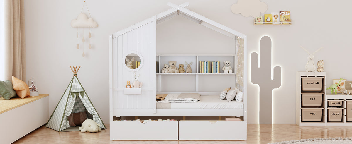 variant-group:rf-n733s308487k|Roomfitters Wooden Full Size House Bed with 2 Drawers and Storage Shelf, White
