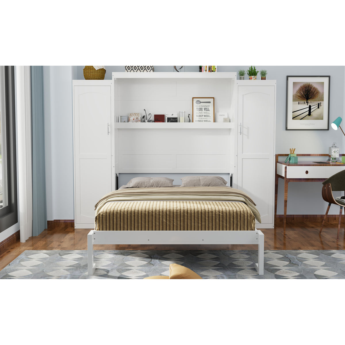 variant-group:rf-n733s339767k|Roomfitters Queen Murphy Bed with Storage Cabinets and Shelf, Foldable Wall Bed Platform for Guest Room and Bedroom, White