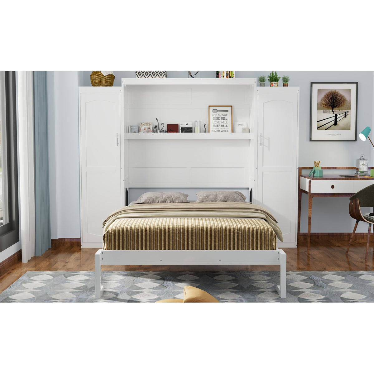 Roomfitters Queen Murphy Bed with Storage Cabinets and Shelf, Foldable Wall Bed Platform for Guest Room and Bedroom, White Roomfitters