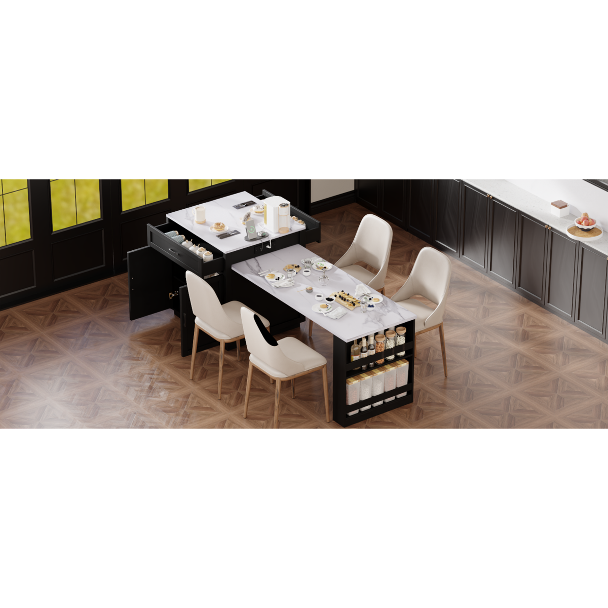 variant-group:rf-n707s000010b|Roomfitters 82.7" Kitchen Island with Extendable Table, Faux Marble Top, Double Storage, Power Outlet, Black
