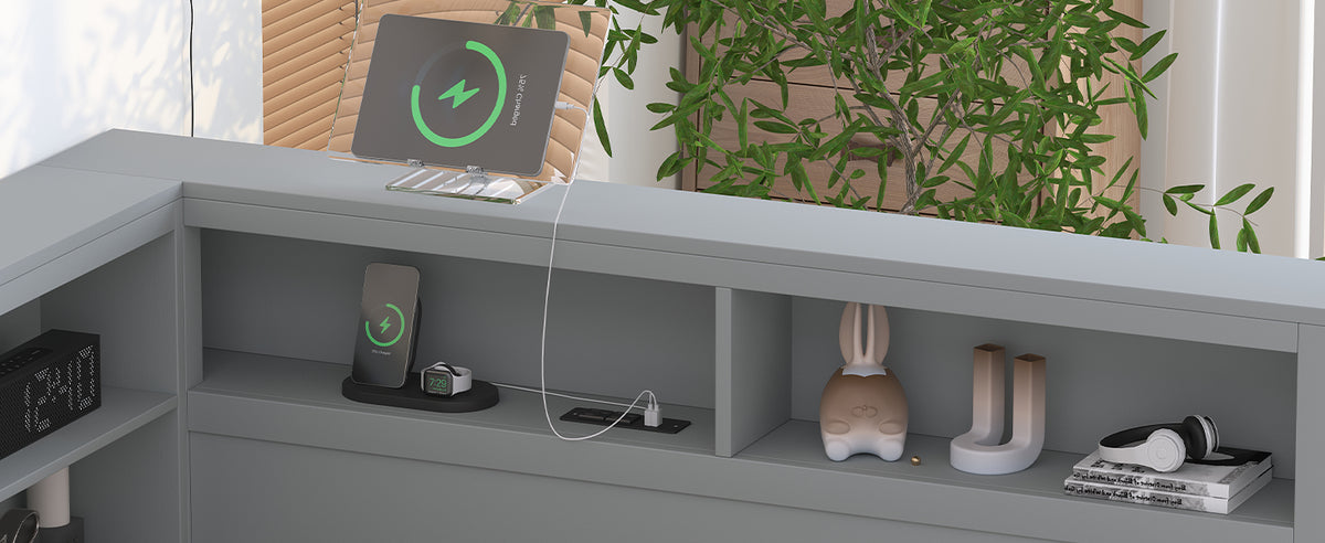 variant-group:rf-n733s347731e|Roomfitters Wooden Full Daybed with Twin Trundle, Storage Shelf & USB Charging Ports, Gray