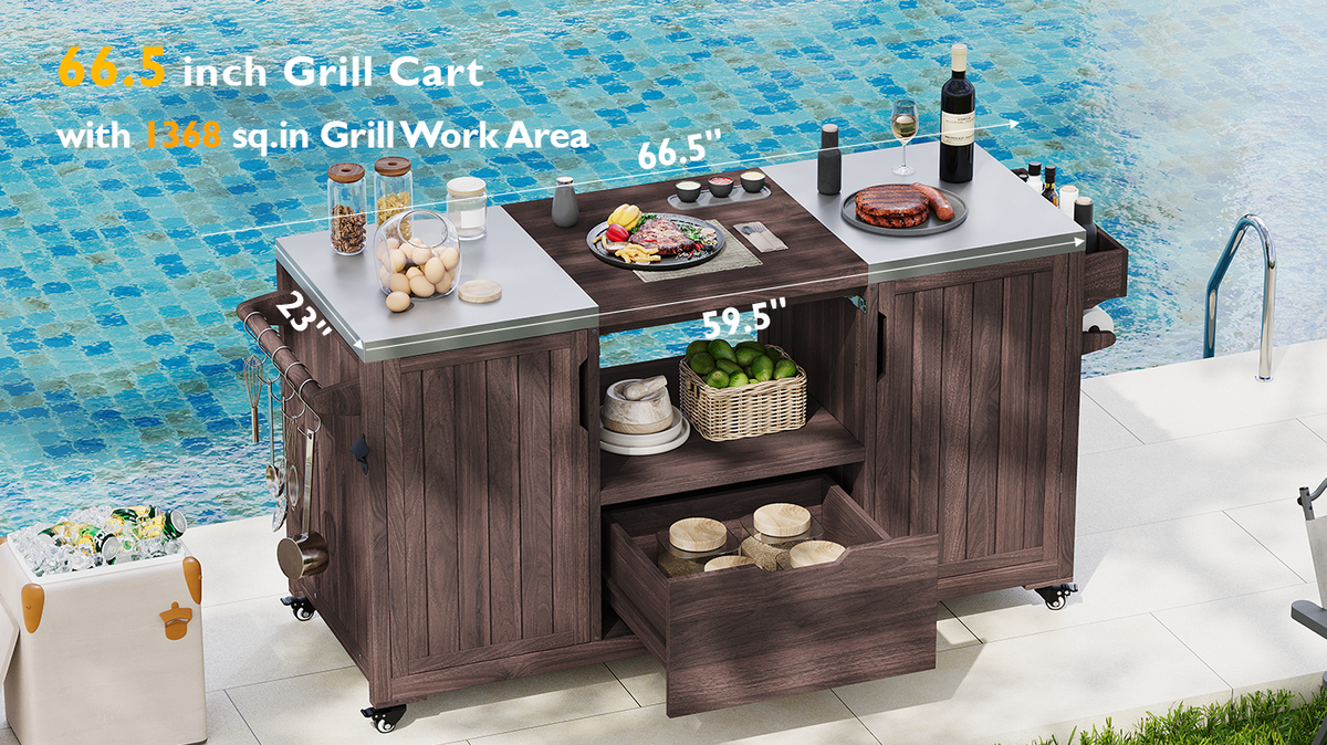 variant-group:rf-n707p250629z|Roomfitters 66.5" Outdoor Kitchen Island for Big Kamado Grills, Wood Grill Cart with Stainless Steel Top, Storage, Dark Brown