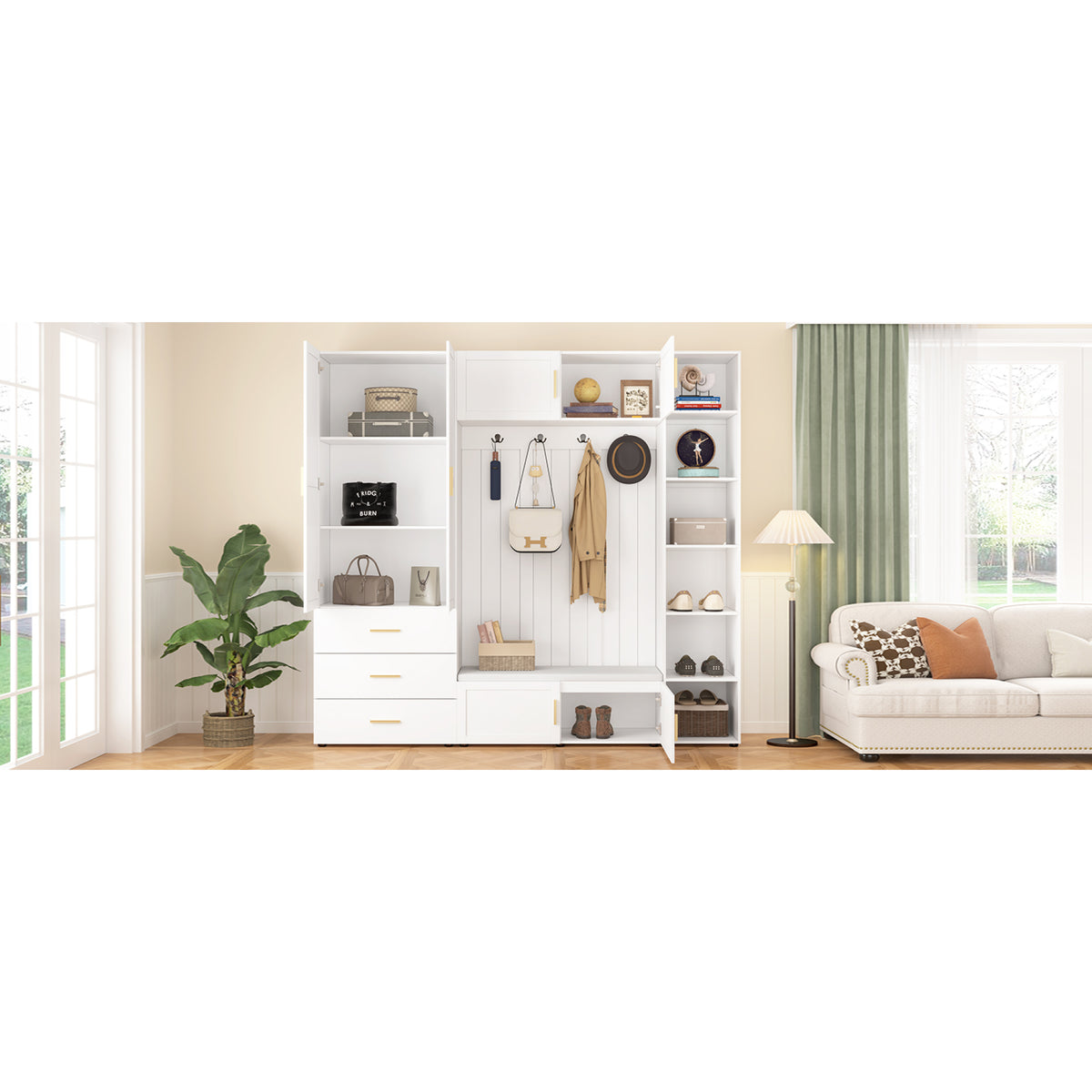 variant-group:rf-n724sj000167aak|Roomfitters American Style Extra-Wide Hall Tree with Padded Cushion Seat, Ancient White
