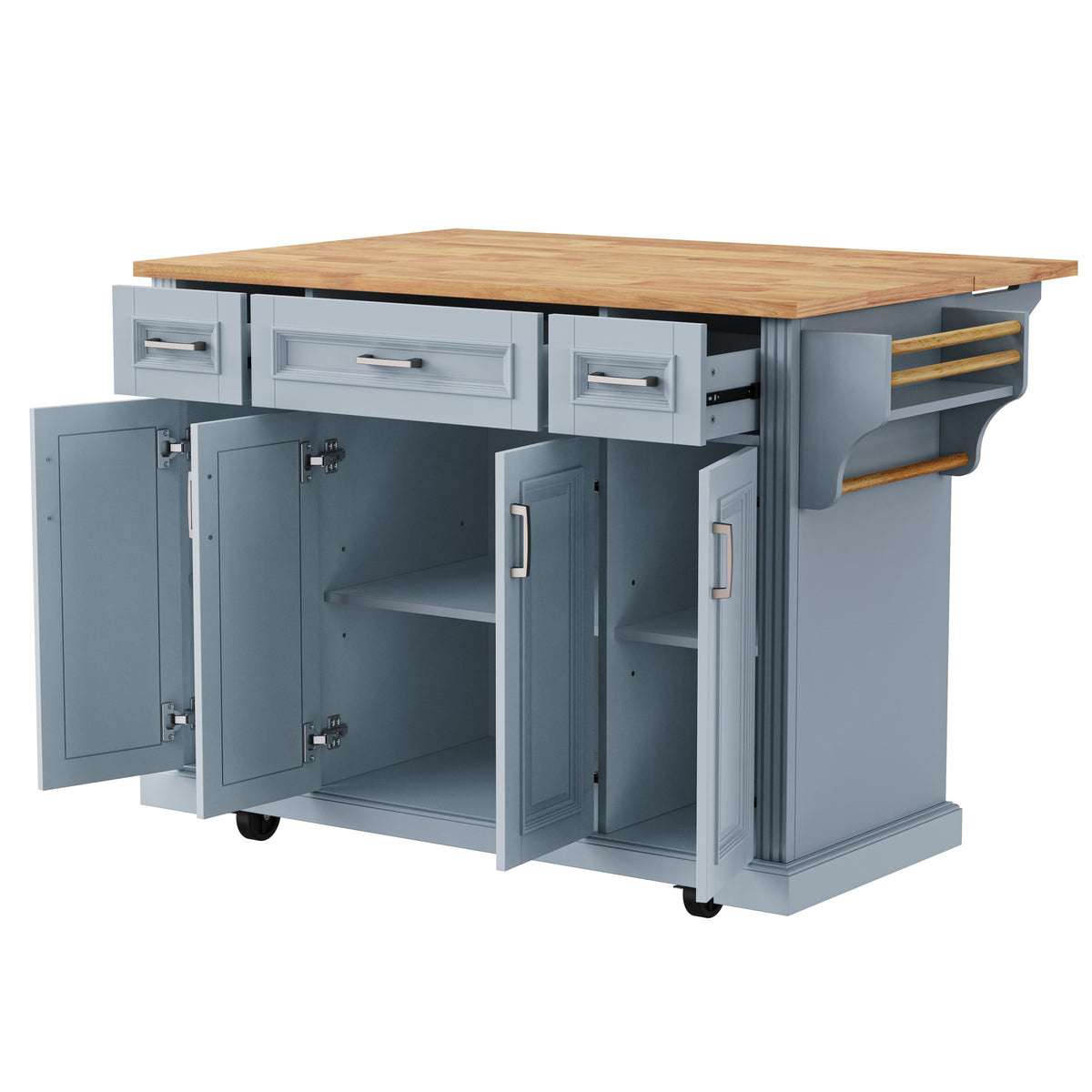 variant-group:rf-n707s195395g|Roomfitters 54" Kitchen Island with Wood Top, Rolling Storage Cabinet with 3 Drawers and 3 Doors, Spice Rack, Grey+Blue