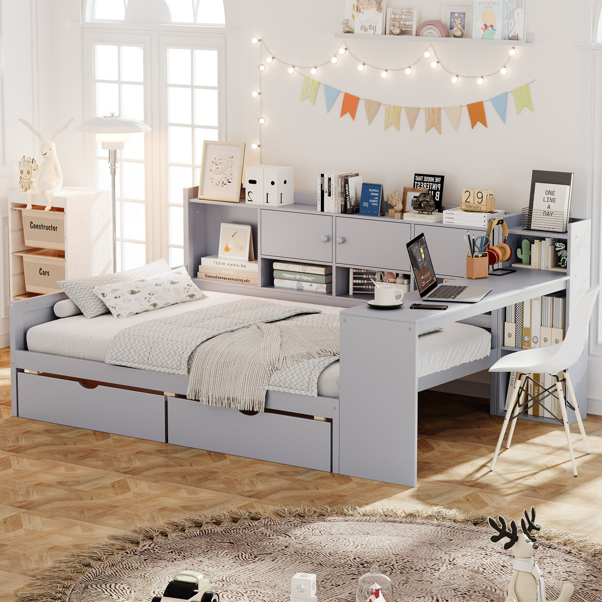Roomfitters Wooden L-Shape Daybed with Storage Cabinets, Study Desk, Built-In Bookshelf, Space-Saving Platform Bed, Gray