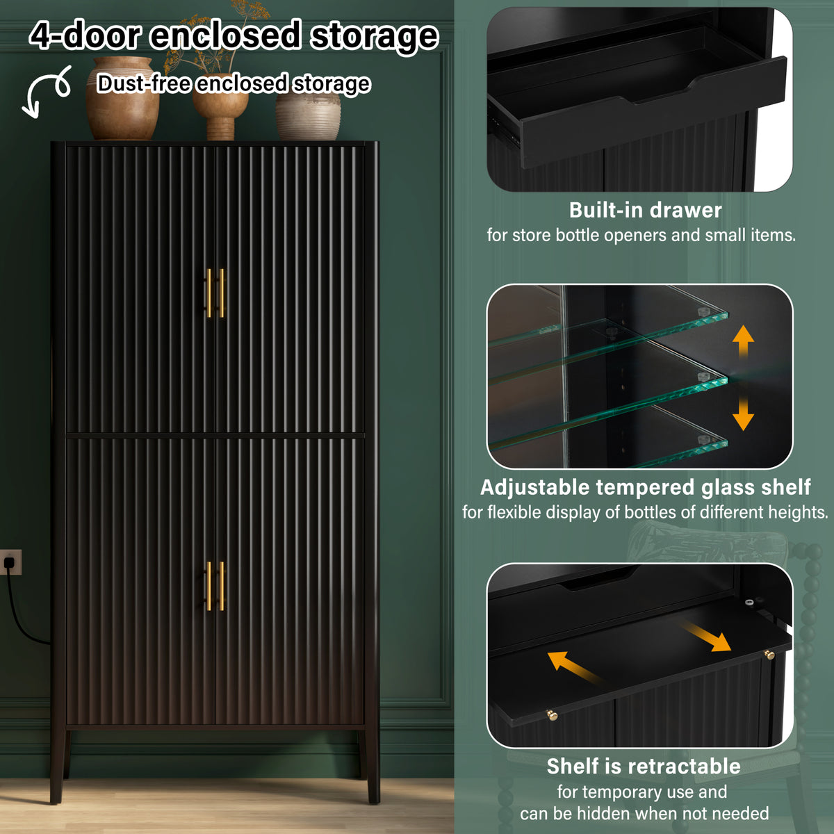 variant-group:rf-n711wy000539aab|Roomfitters Modern Black Fluted 4-Door Tall Wine Bar Storage Cabinet, Glass Display Rack, Built-In LED Lighting