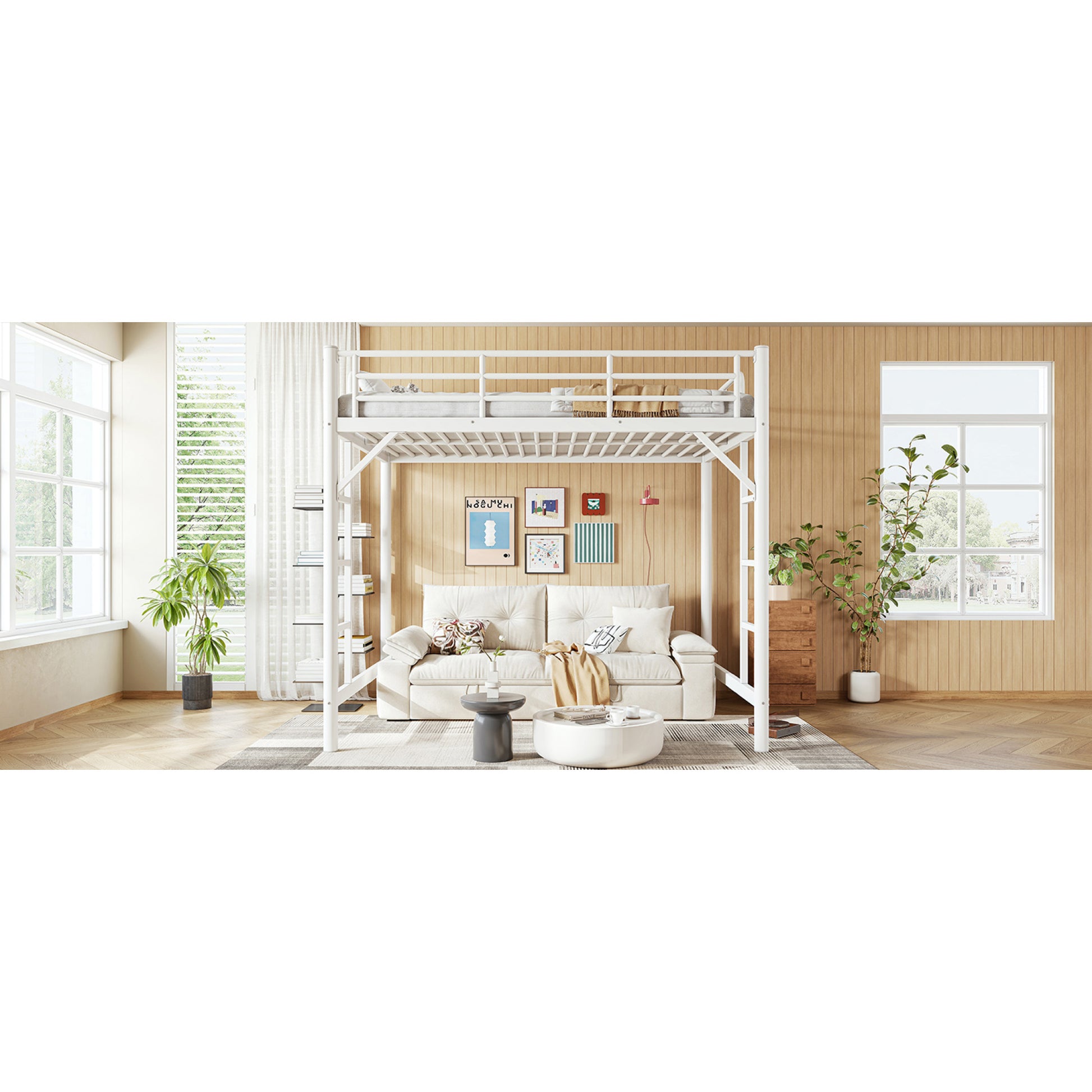 variant-group:rf-w1580p455016|Roomfitters Full Size Metal Loft Bed Frame with Guardrails, Heavy Duty Space Saving High Loft Bed Dual Ladders, White