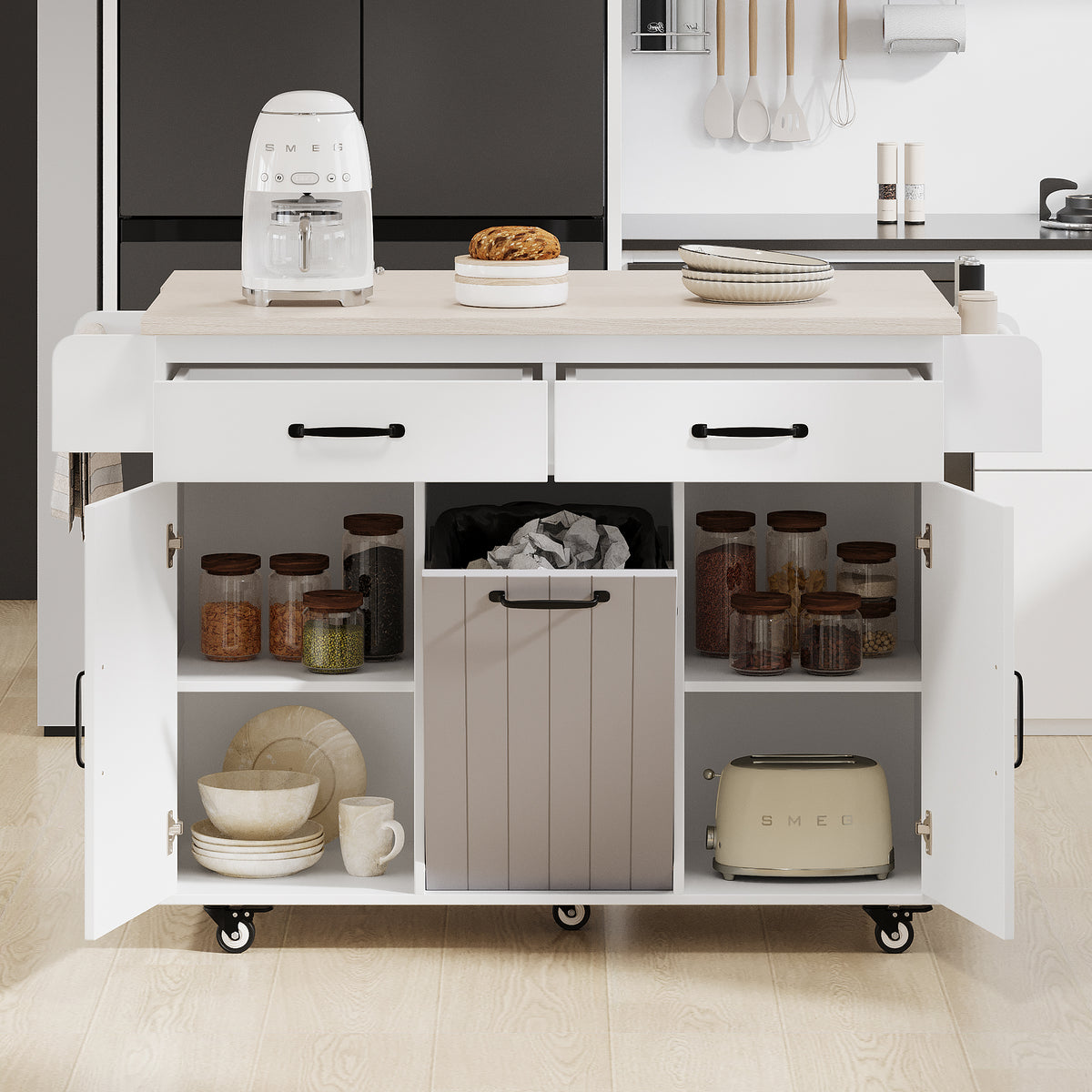 variant-group:rf-n707wf326381aaw|Roomfitters Kitchen Island with Trash Can Storage Cabinet, Grey - Drop Leaf, Spice Rack, Towel Rack, Drawer, Adjustable Shelf, Rolling Island on Wheels, Ameican White Oak