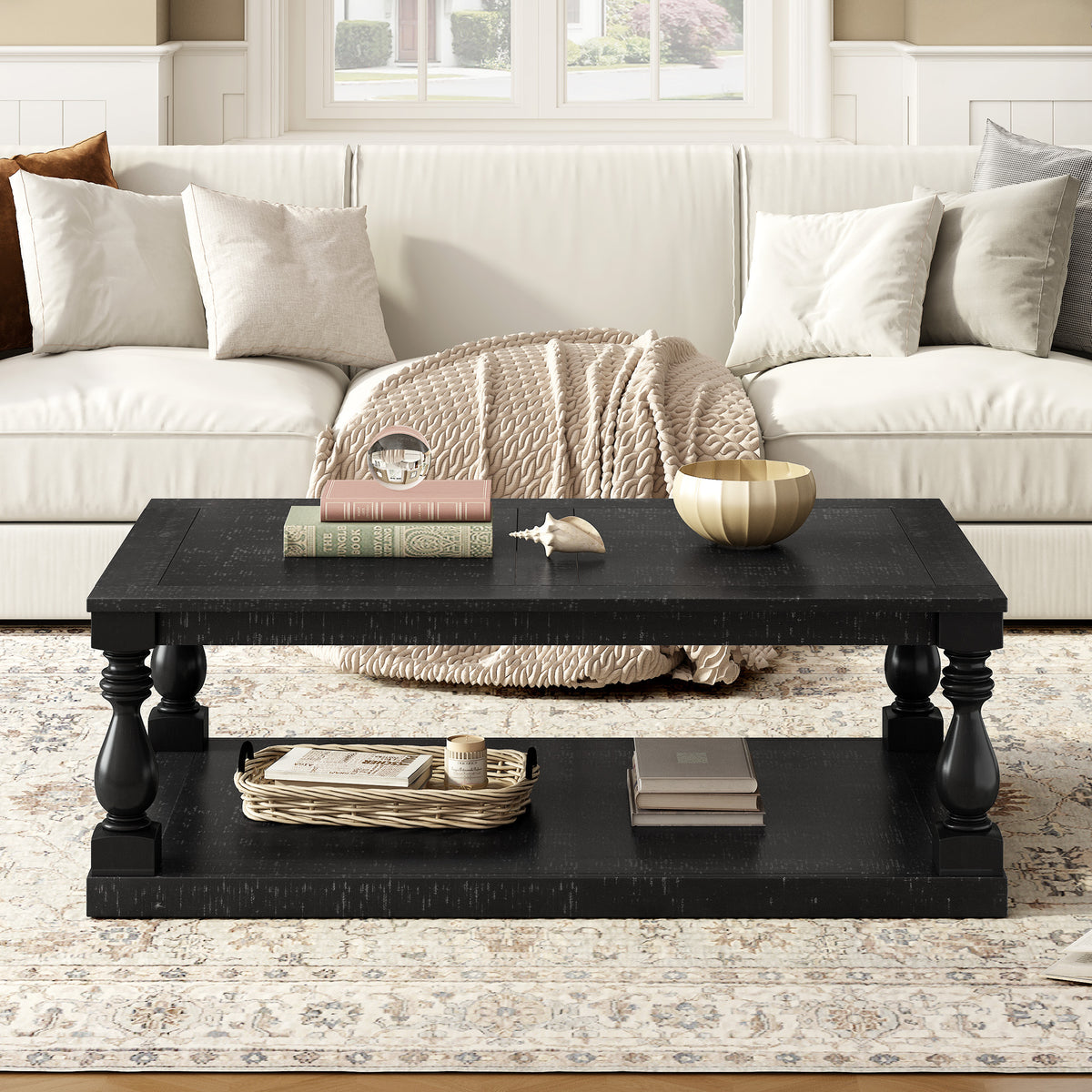 variant-group:rf-n711p407149b|Roomfitters Vintage Black Pine Wood Coffee Table, Sculpted Vase Column Leg Cocktail Table, Living Room Statement Stand