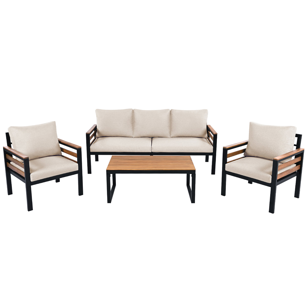 variant-group:rf-n704f201246a|Roomfitters 4-Piece Outdoor Patio Furniture Set with 3-Seater Sofa, 2 Armchairs and Coffee Table, Wood Accents, Beige