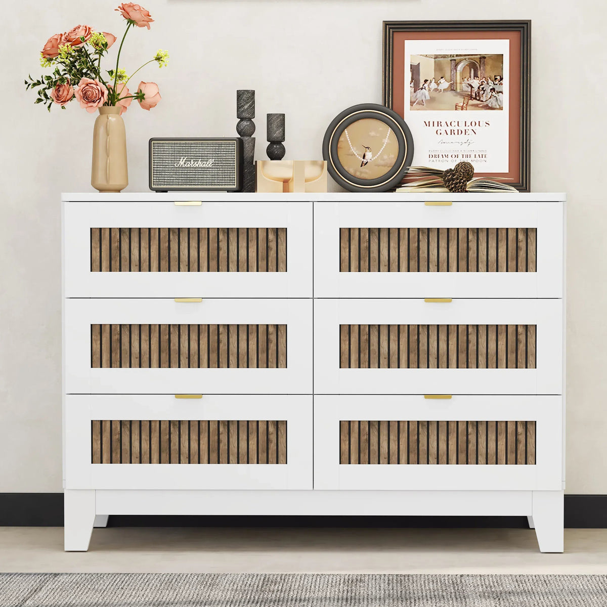 Roomfitters Elegant Dresser with Metal Handles and Glittering Decorative Accents, 6-Drawer Storage Cabinet for Bedroom and Living Room, White