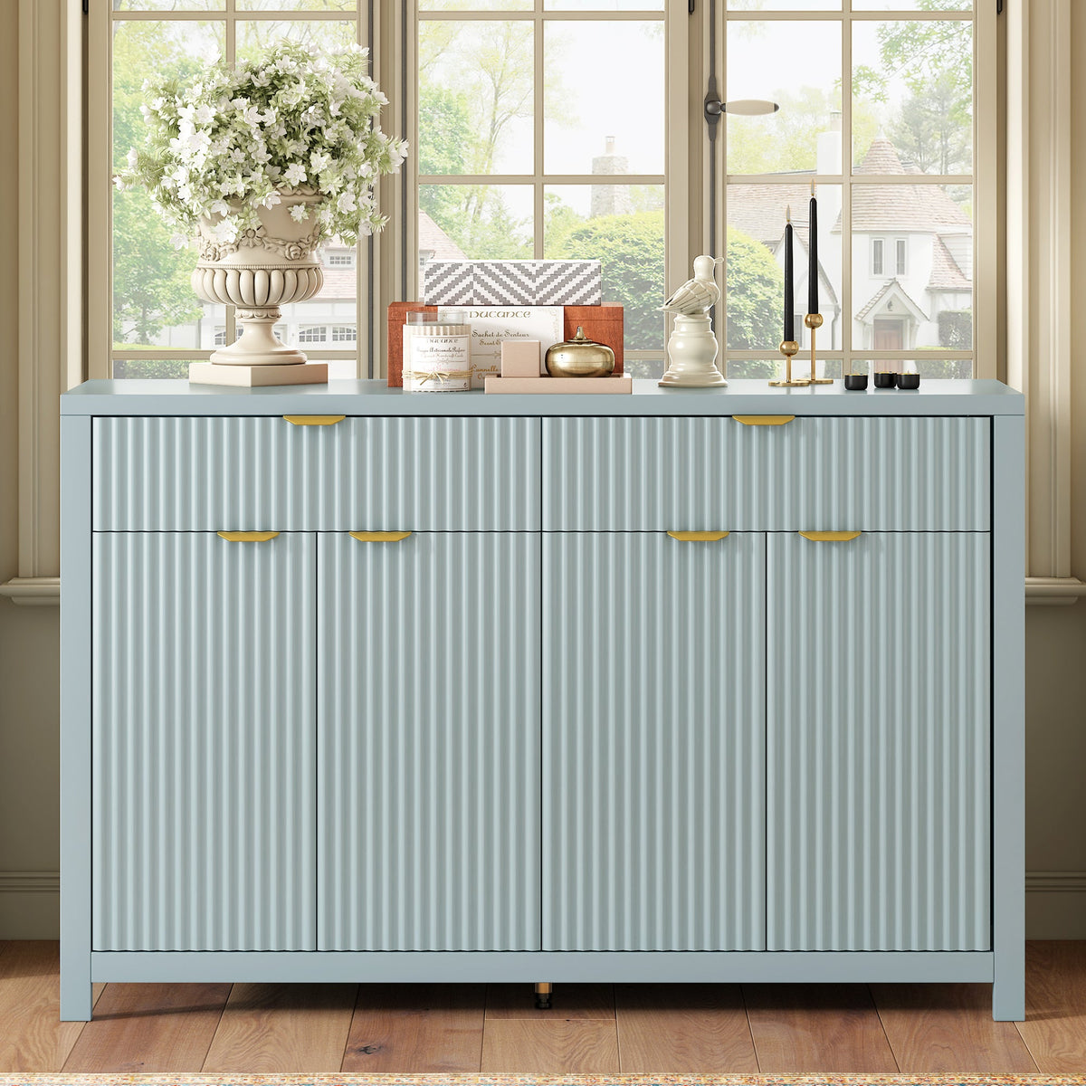 Roomfitters Sideboard Buffet Cabinet with 2 Drawers, 4 Door Mid-century Modern Fluted Storage for Kitchen & Dining Room, Cyan Roomfitters