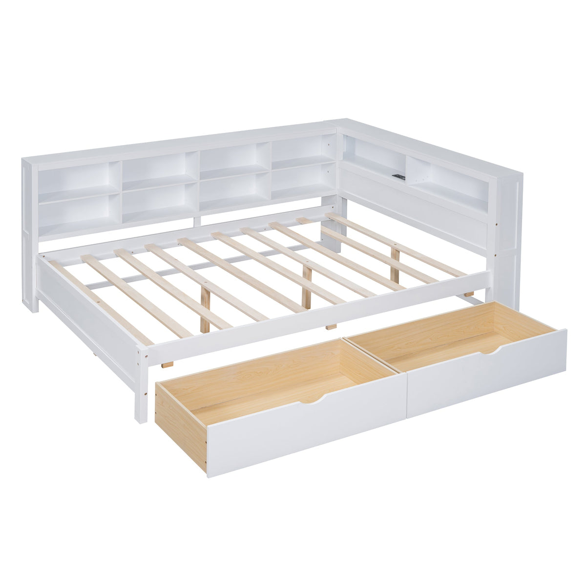 Roomfitters Wooden Full Daybed with Underbed Storage, Built-In Shelf & USB Charging Ports, White
